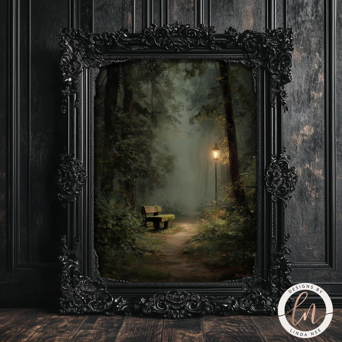 A black ornate frame surrounds a painting depicting a serene forest path with a bench and a street lamp in the distance, creating a tranquil and peaceful atmosphere.