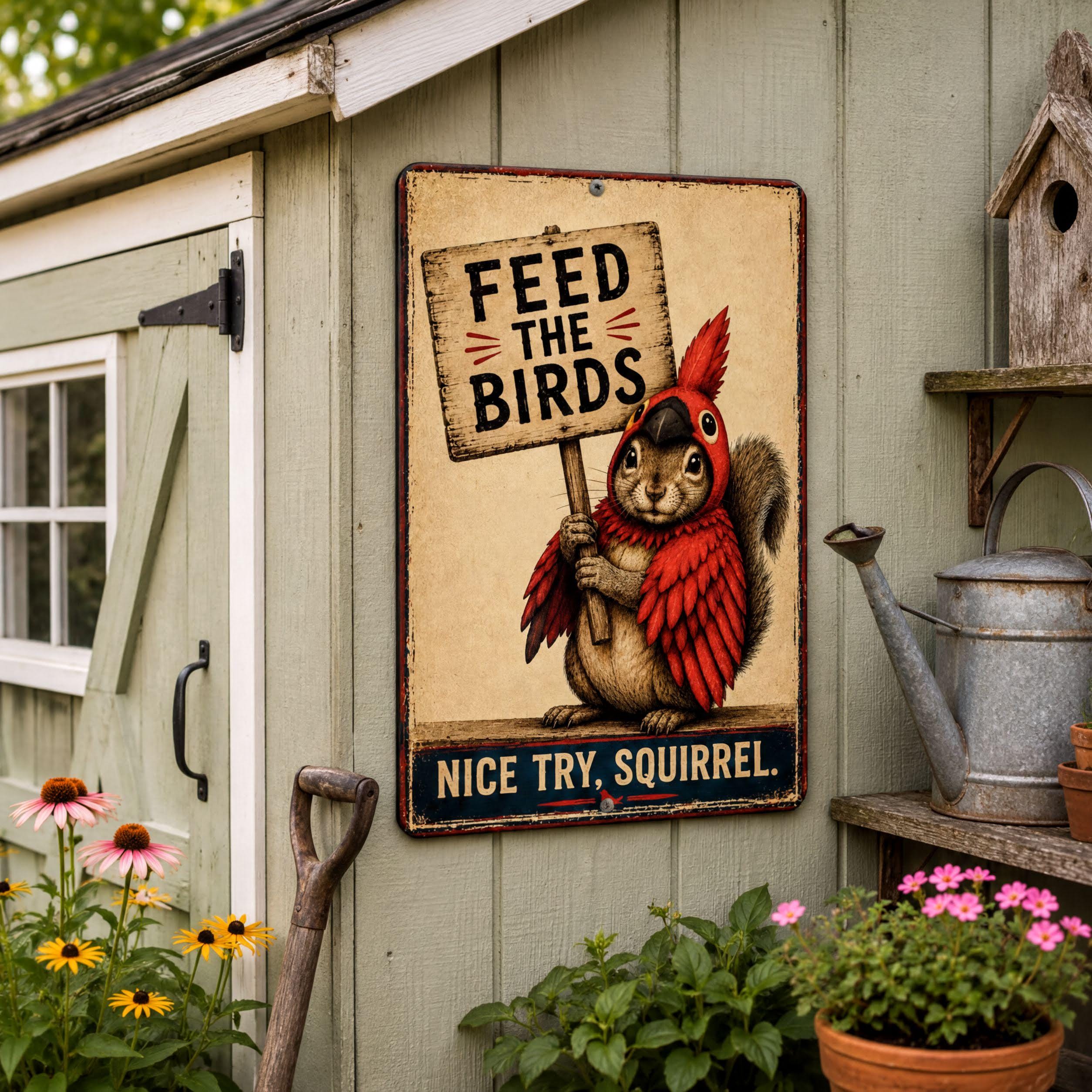 a sign with a squirrel holding a sign that says "Feed the Birds" and a message below it, which says "nice try, squirrel". The sign is mounted on a wall next to a shed, and there are some potted plants and flowers in the foreground.