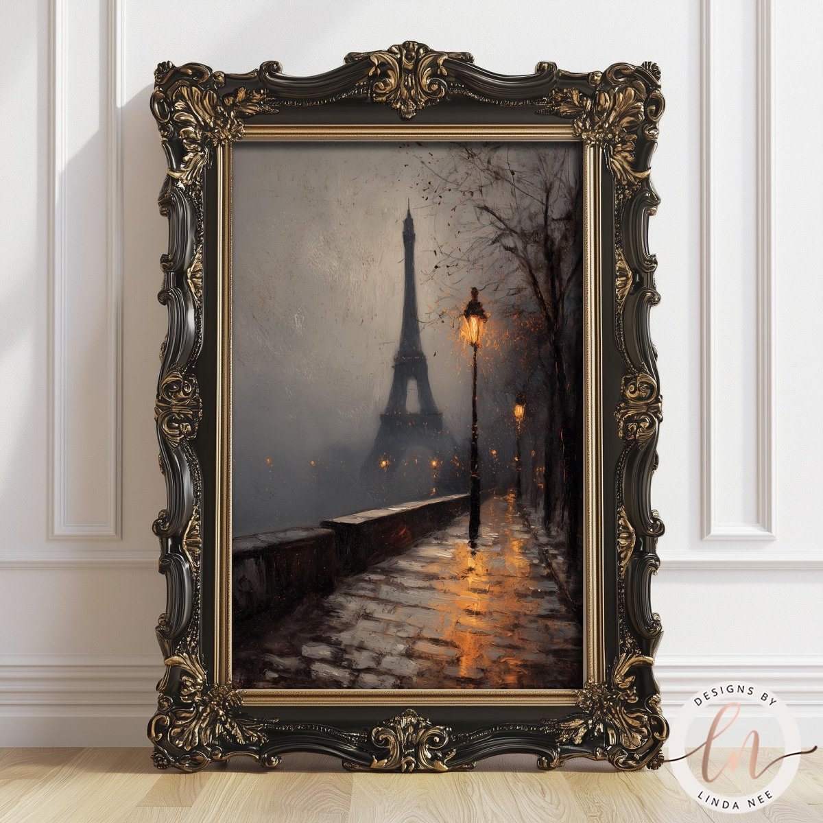 The image is a framed painting depicting a rainy night scene with the Eiffel Tower in the background.