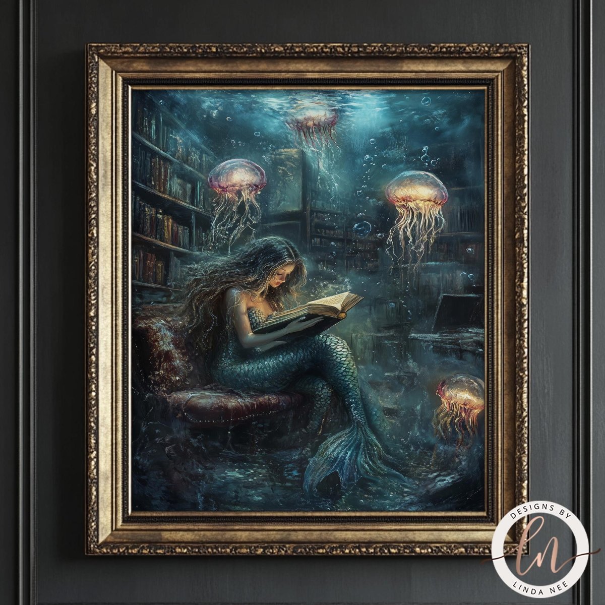 A mermaid is reading a book while surrounded by jellyfish in a fantastical underwater scene.