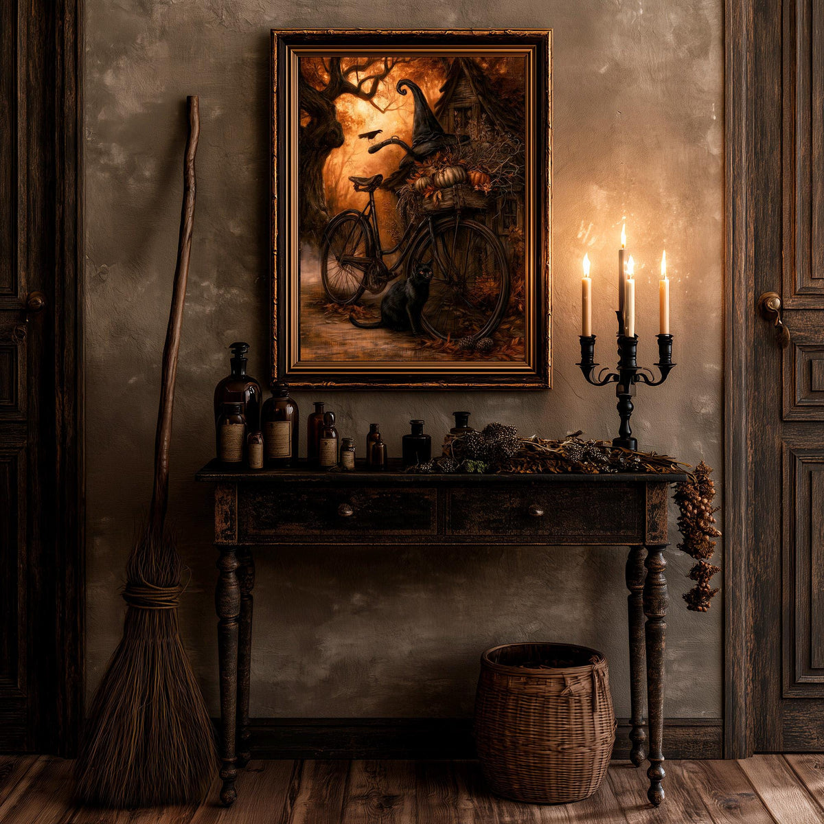 Gothic autumn art print of a witch's bicycle on a dark wall above a table with a broom and candles