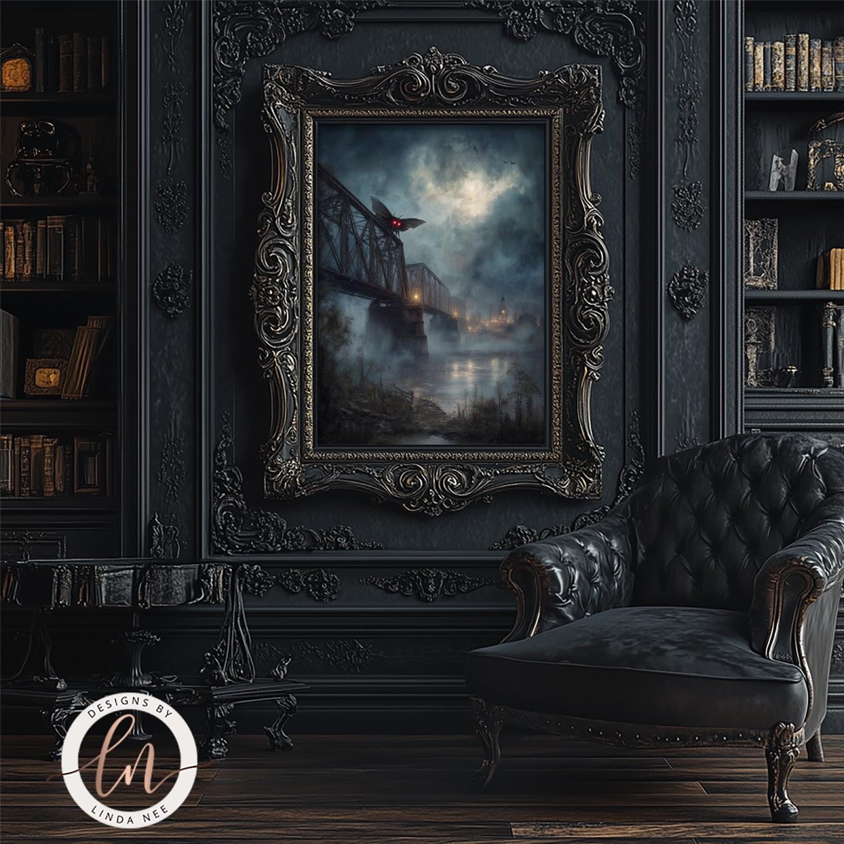 a dark, ornate room with a large, gilded frame hanging on the wall. The frame contains a painting of a bridge and a red bird, creating an atmospheric and mysterious ambiance. In the foreground, there is a black leather armchair, and a bookshelf filled with books can be seen in the background.
