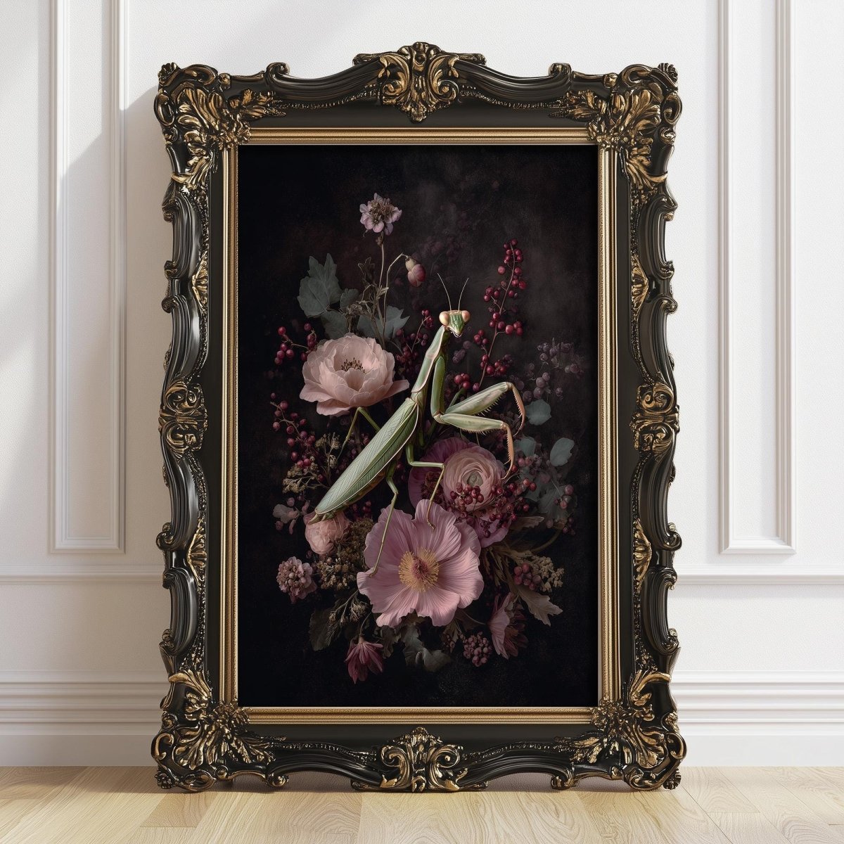 Praying mantis among peonies print displayed in a frame