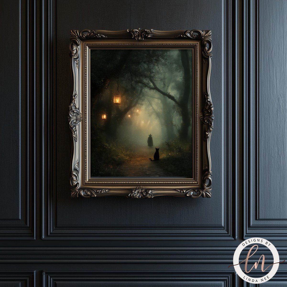 The image is a painting of a person walking through a misty forest, with a cat following behind. The painting is framed in an ornate, gilded frame and is displayed on a dark wall.