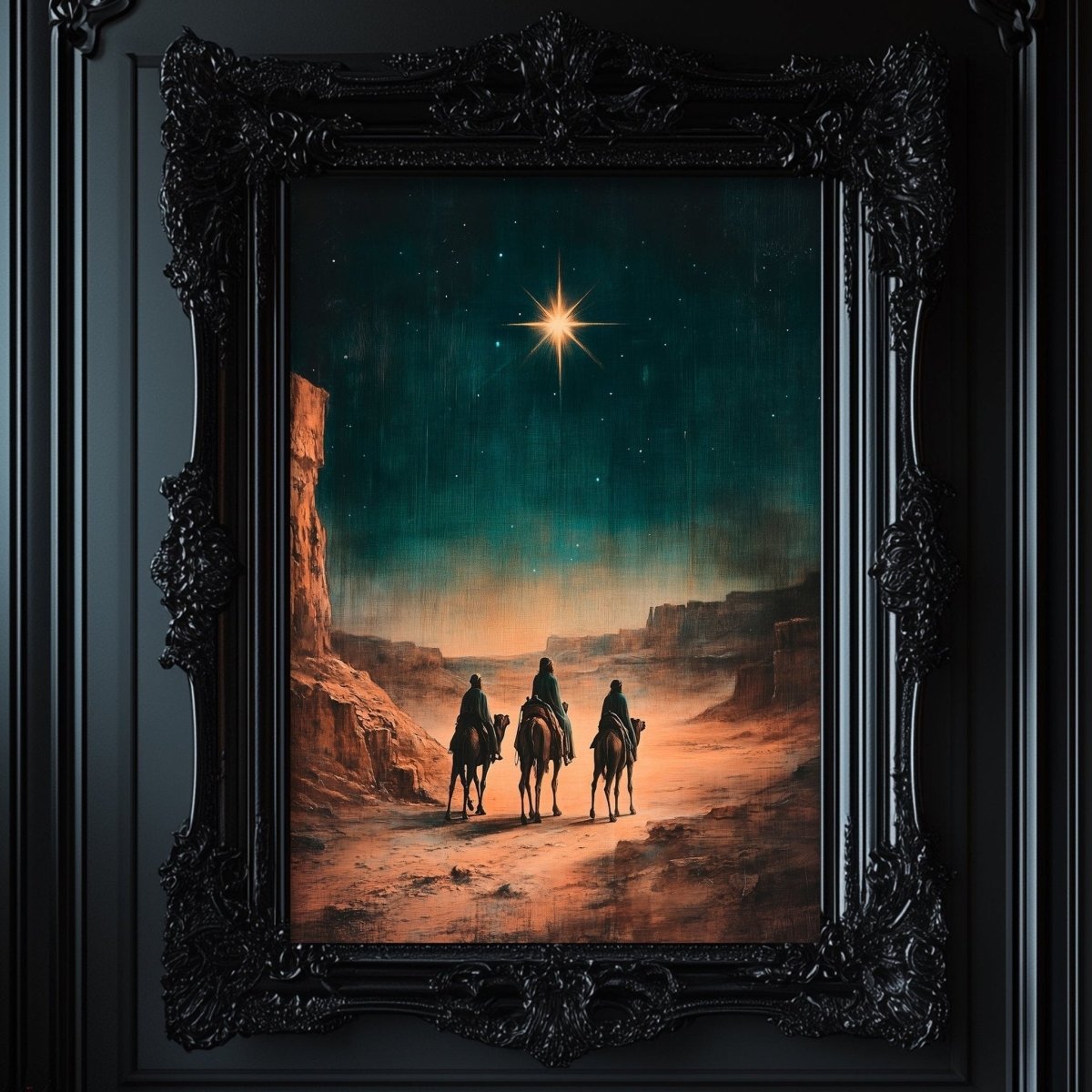 Three wise men on horseback crossing a desert under a starry night sky