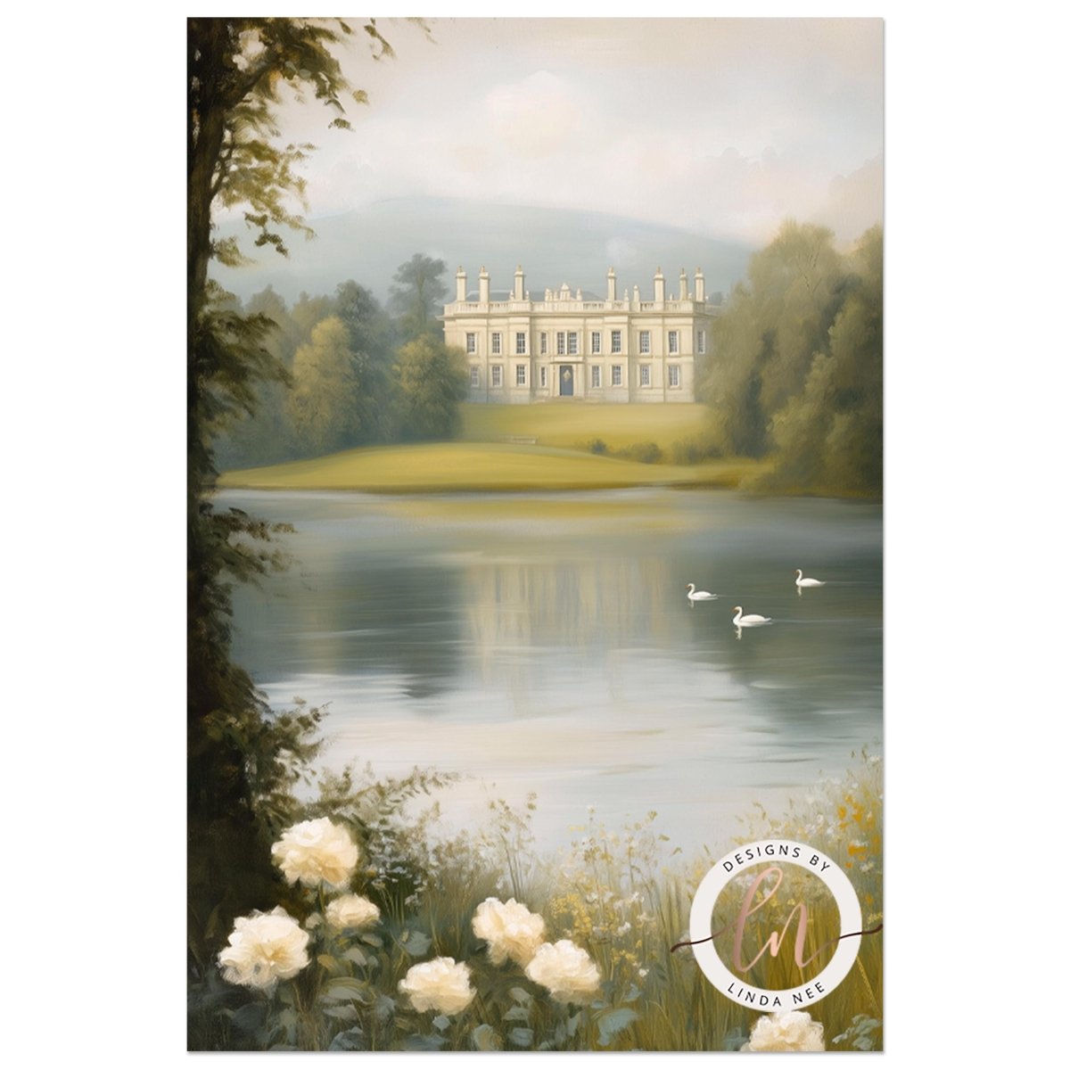 A large, ornate mansion sits on a grassy hill overlooking a tranquil lake, with swans gracefully swimming in the foreground.