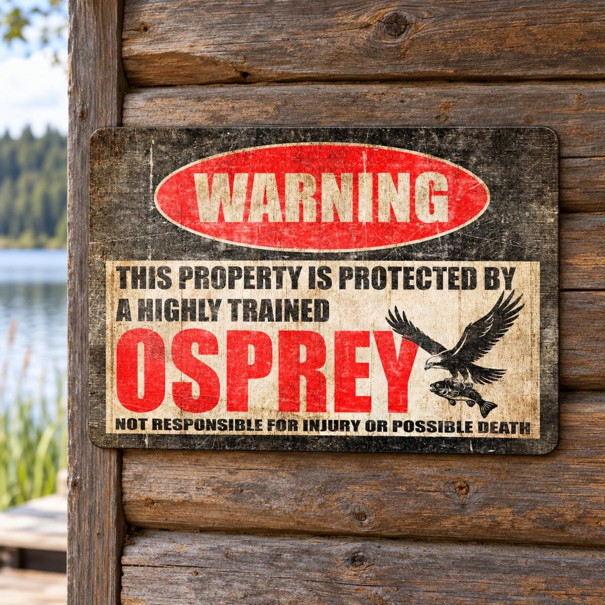 Highly trained osprey metal warning sign with a WARNING header and a not responsible for injury or possible death line