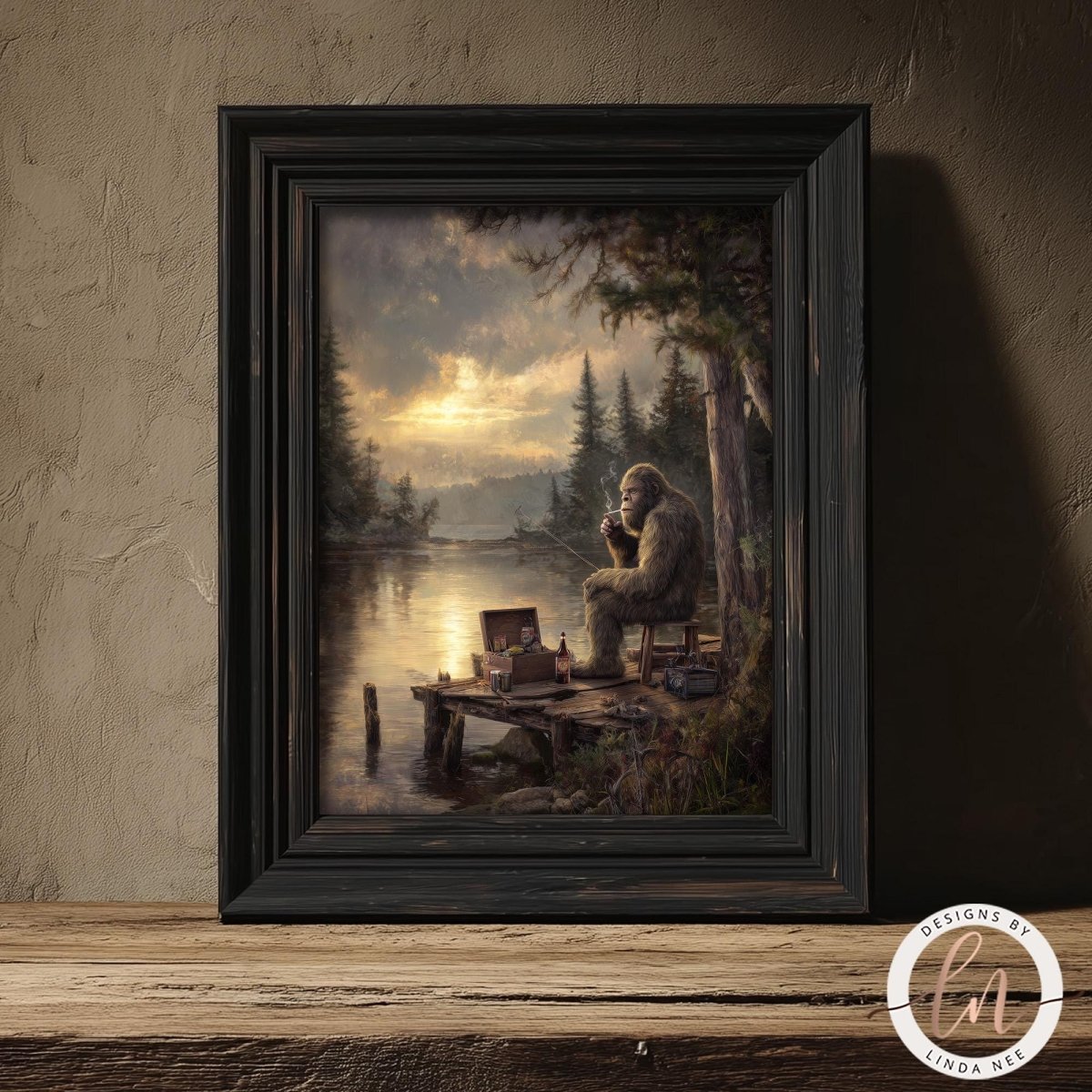 A painting of a Bigfoot sitting on a dock by a lake, surrounded by trees and a cloudy sky.