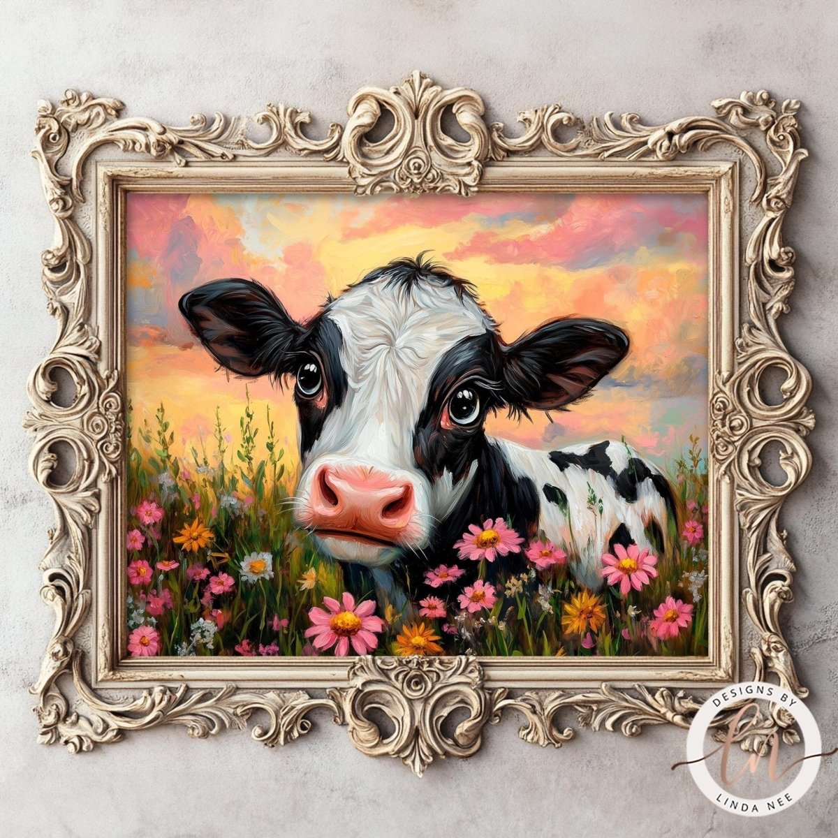 Black and white Holstein calf surrounded by colorful flowers