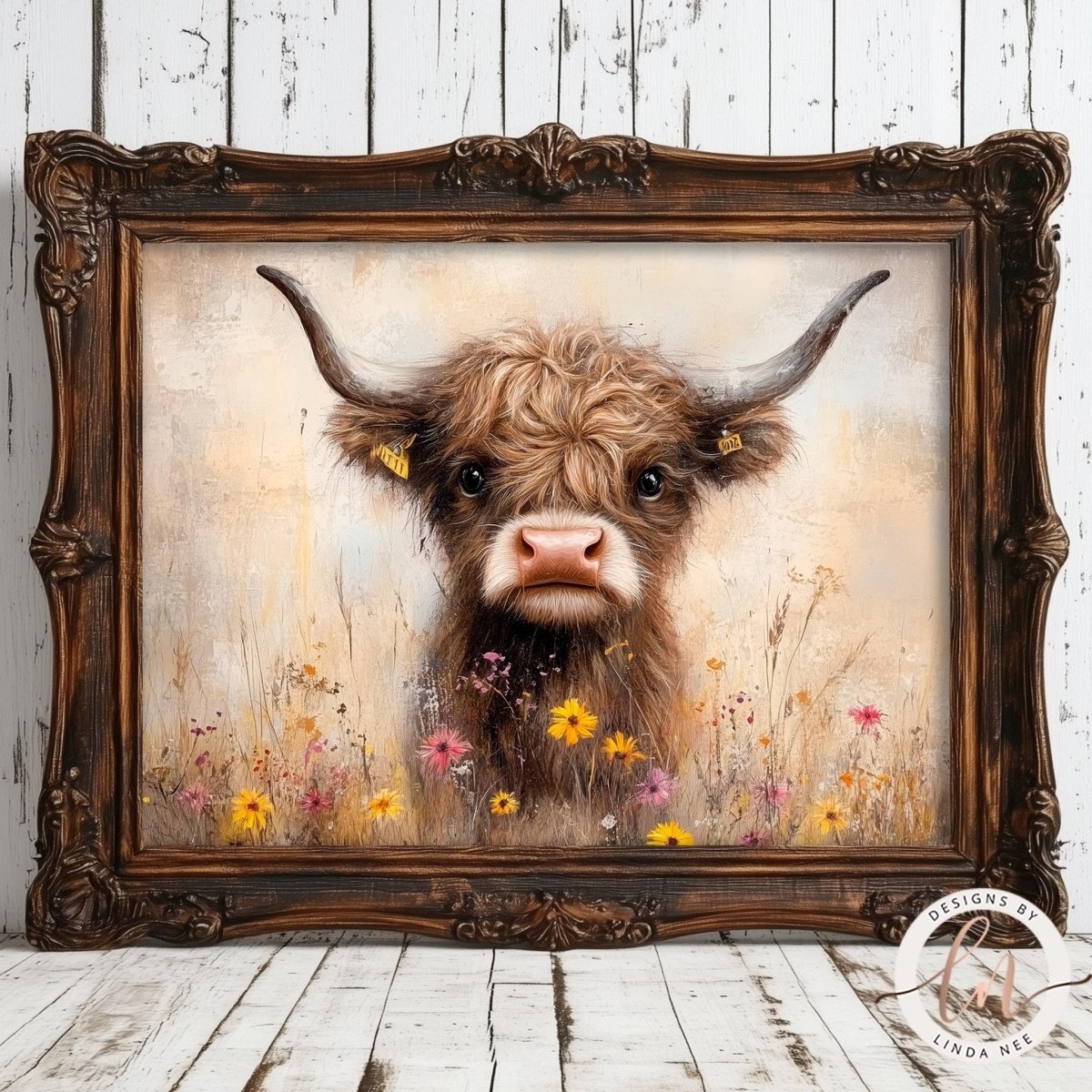 a close-up of a brown cow with large horns, surrounded by a field of colorful flowers.