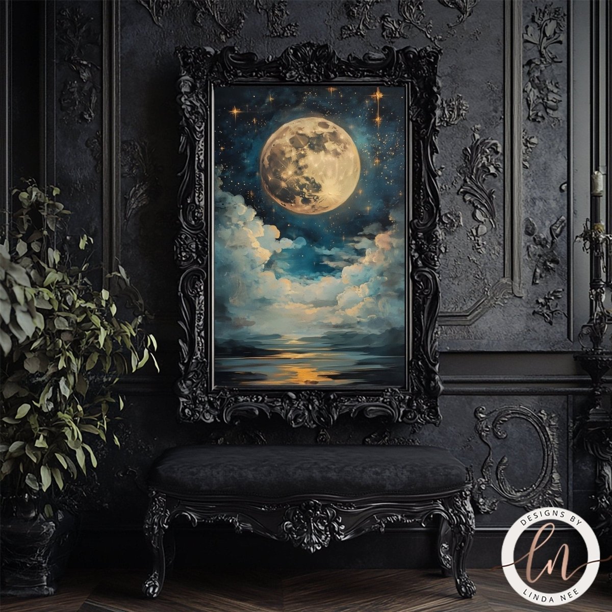 Golden moon over the sea artwork displayed on a black bench