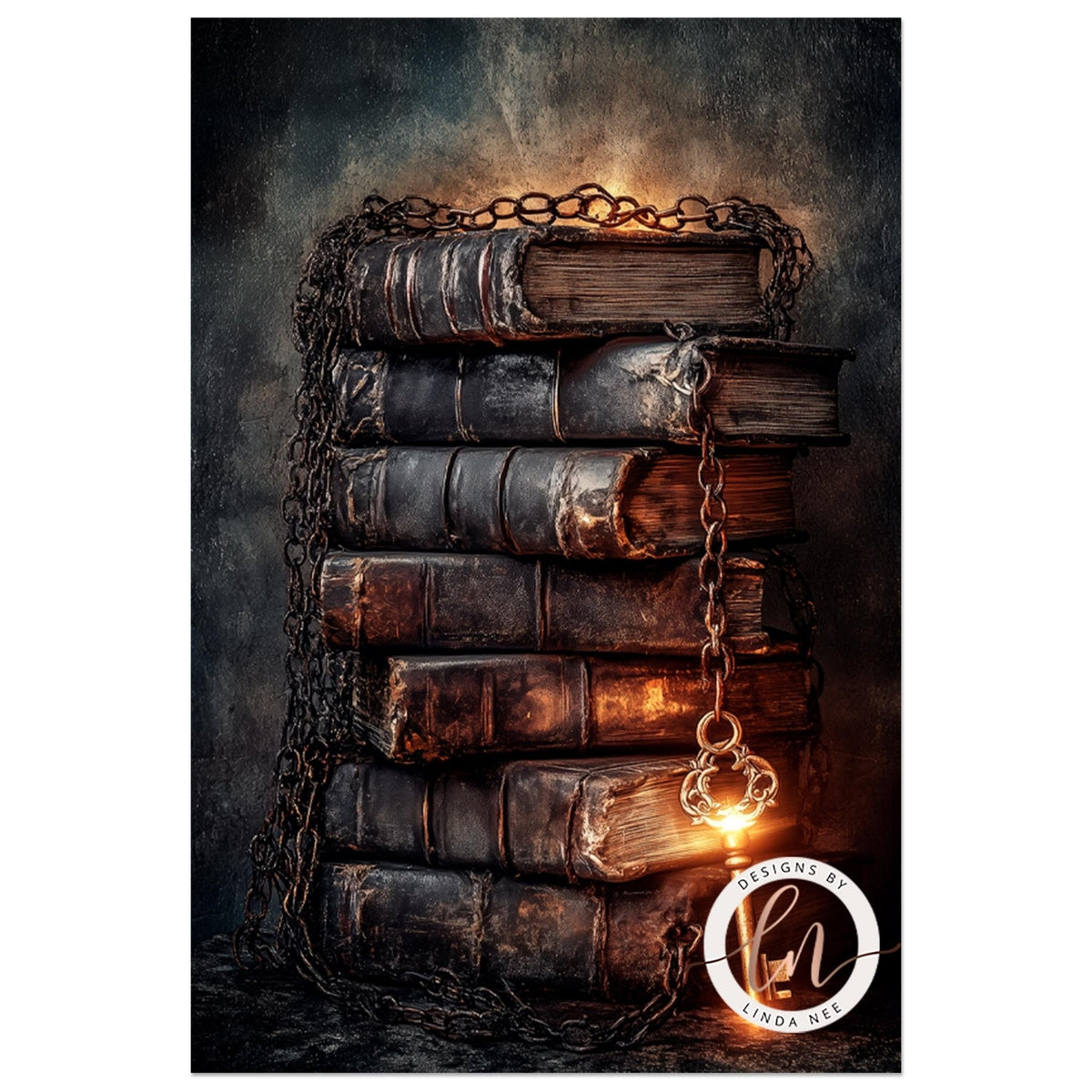 A stack of old, worn books with a glowing chain hanging from the top, creating a mysterious and intriguing atmosphere.