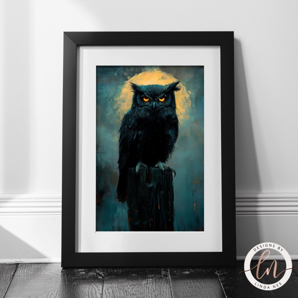 Black owl under yellow moon shown against a blue and yellow sky