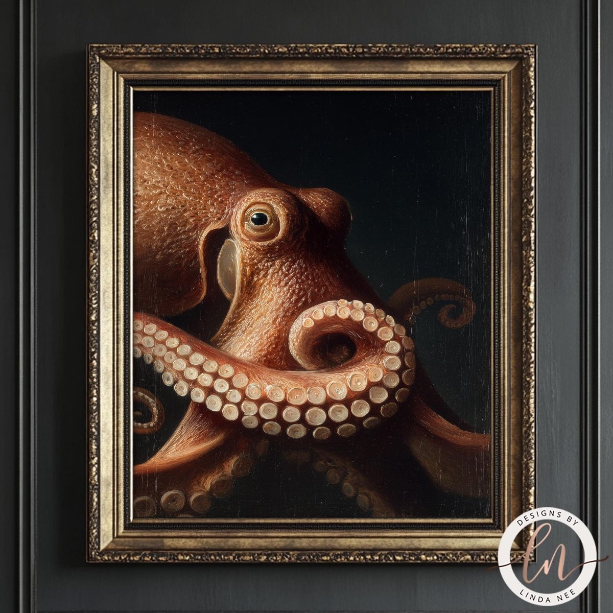 The image is a framed painting of an octopus, with its tentacles spread out and its large eyes and tentacles prominently displayed.