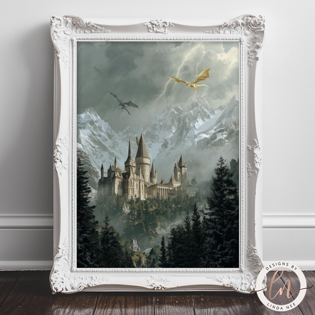 A framed painting depicting a castle surrounded by a misty, mountainous landscape with a dragon flying overhead.