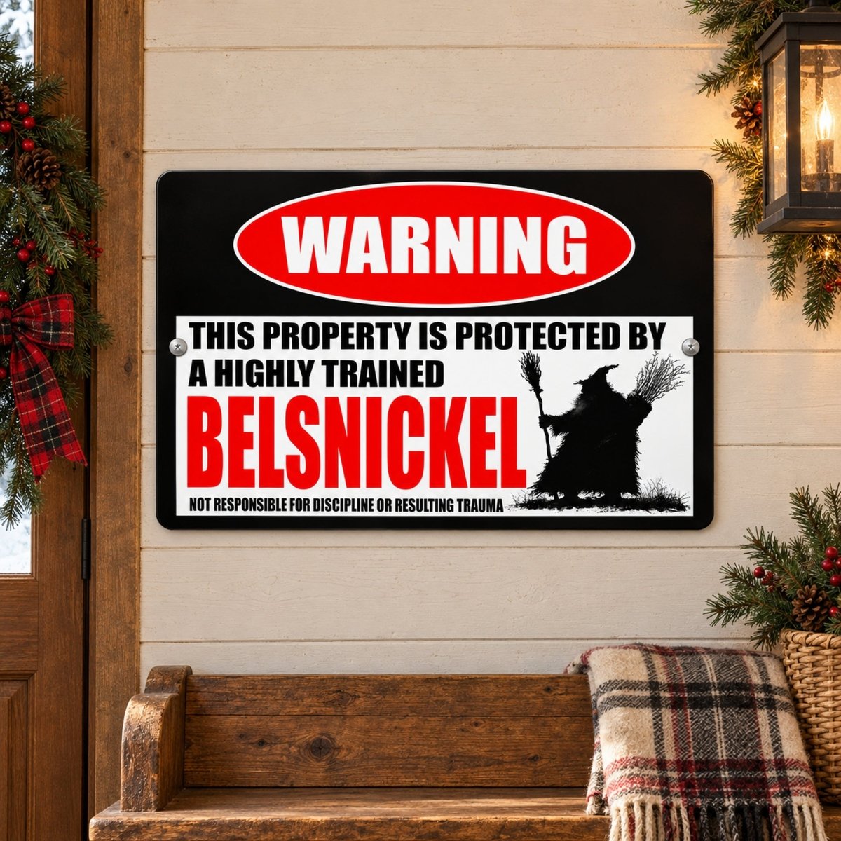 a sign that reads "WARNING: THIS PROPERTY IS PROTECTED BY A highly trained Belsnickel. NOT RESPONSIBLE FOR DISCIPLINE OR RESULTING TRAUMA."
