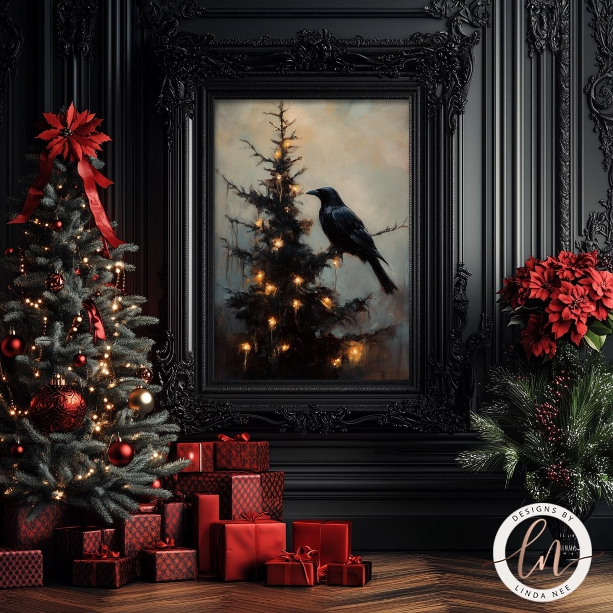 Gothic Christmas raven art shown with red and gold ornaments and wrapped presents