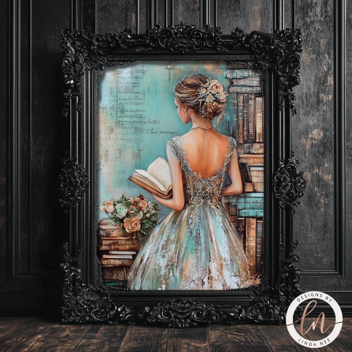 The image is a framed painting depicting a woman in a flowing, ornate dress holding a book, surrounded by a bookshelf filled with books.