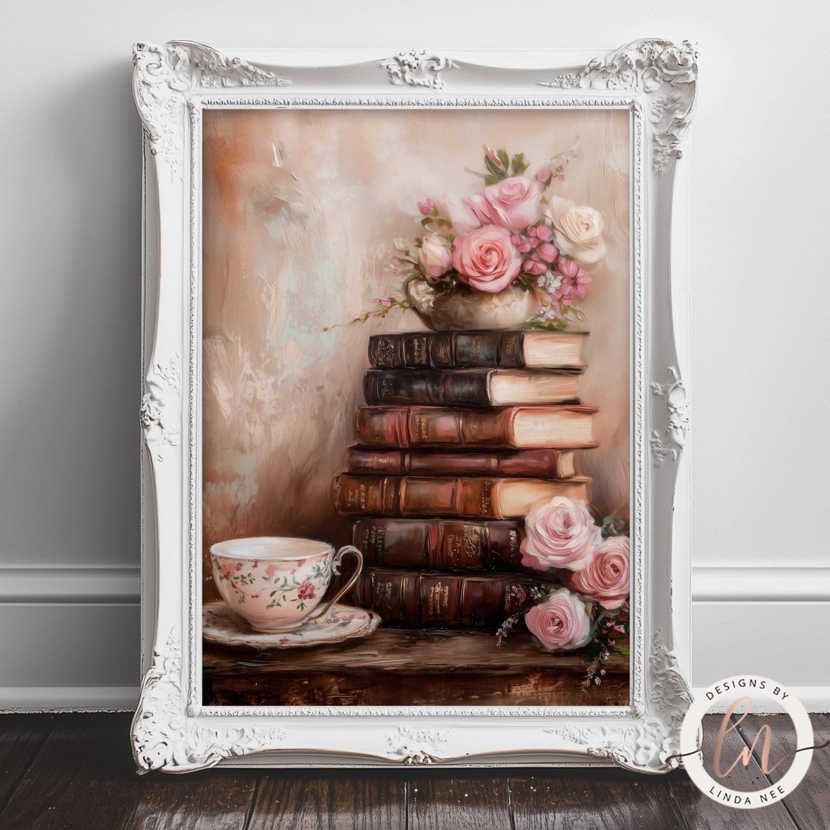 Stack of books with a teacup and pink roses against a pink backdrop