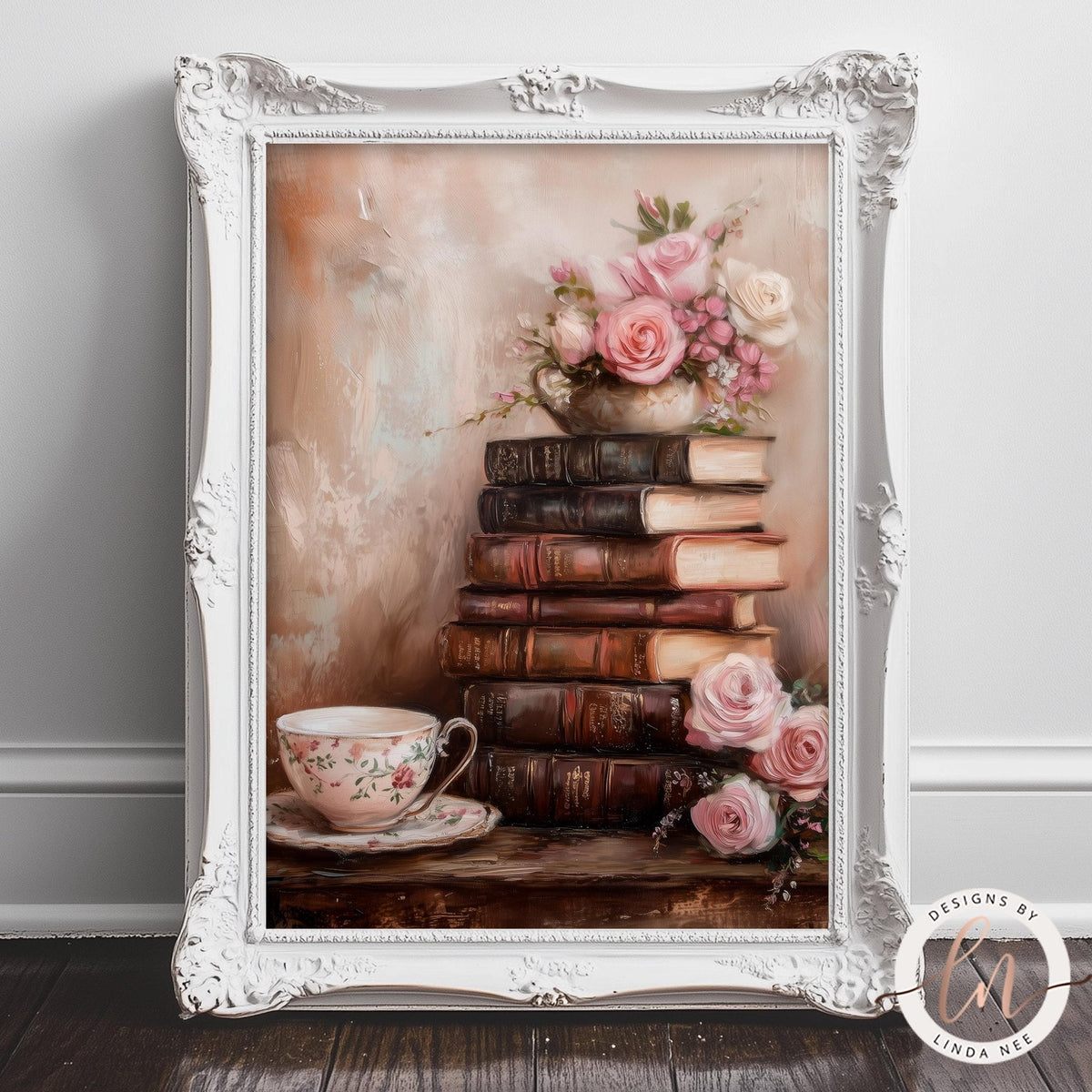 A framed painting depicting a stack of books with a teacup and pink roses on a table, set against a pink and white background.