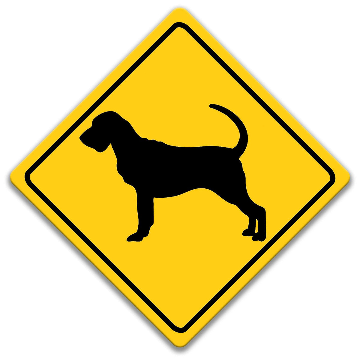 A yellow diamond-shaped road sign with a black silhouette of a dog.