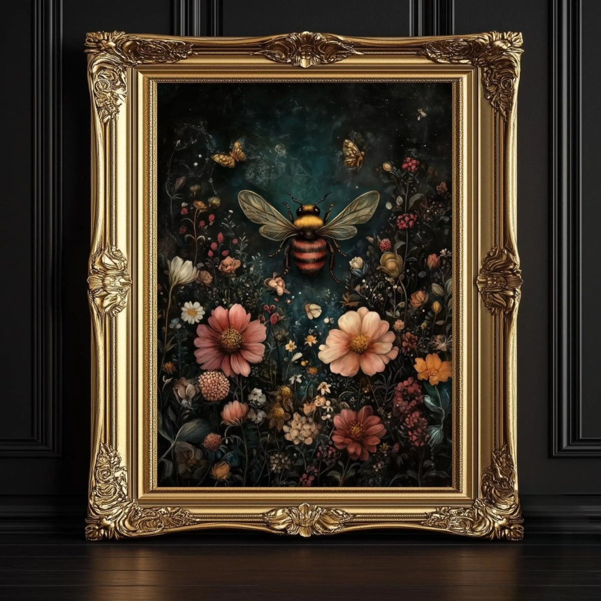 a painting of a bee surrounded by a variety of colorful flowers, including pink, orange, and white blooms, set against a dark background.