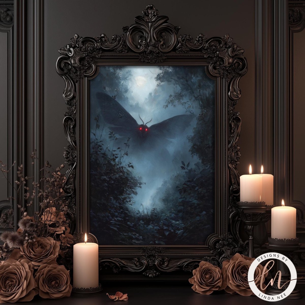 Mothman print styled with candles and flowers in a dark room
