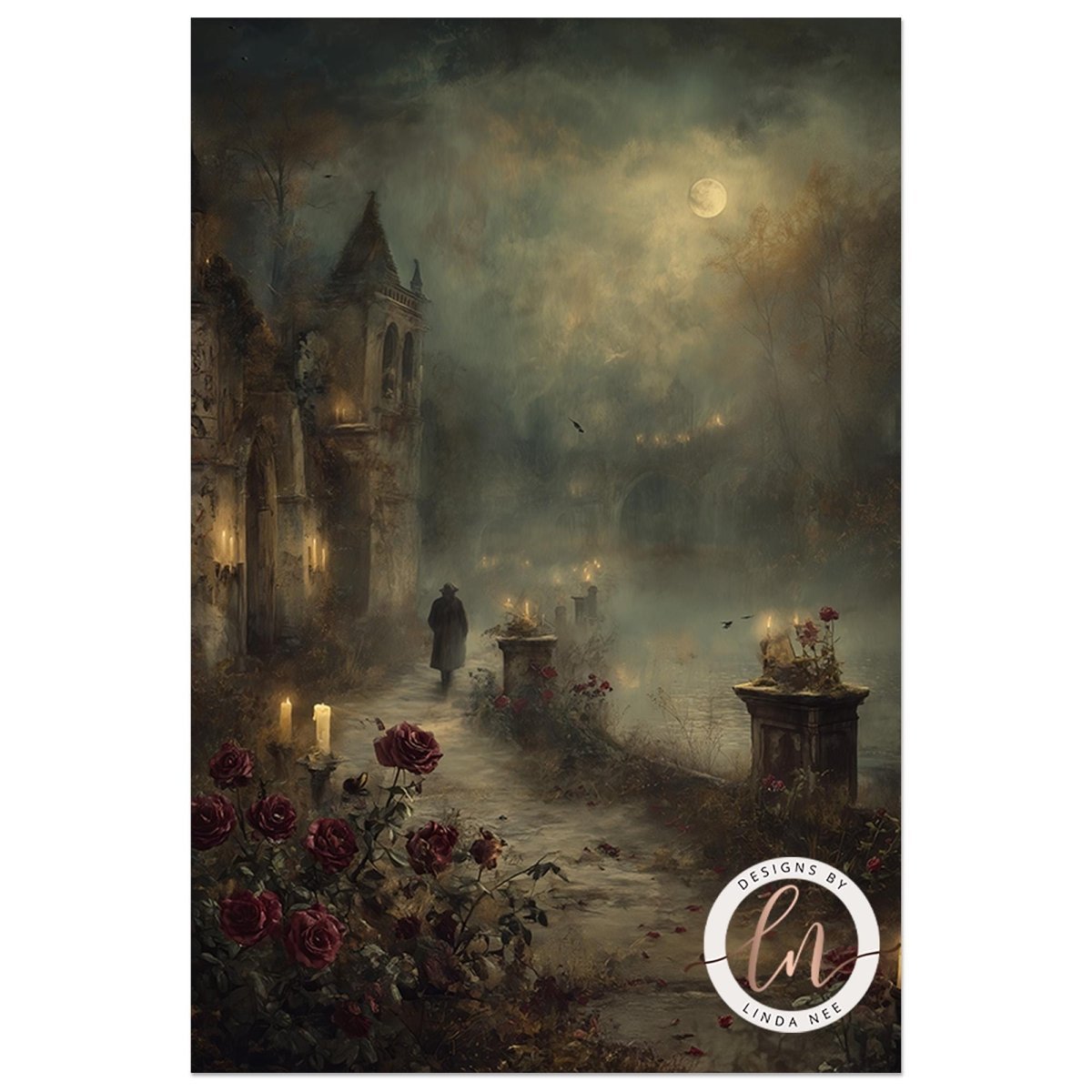 a dark, foggy night scene with a castle, a path, and a garden filled with red roses.