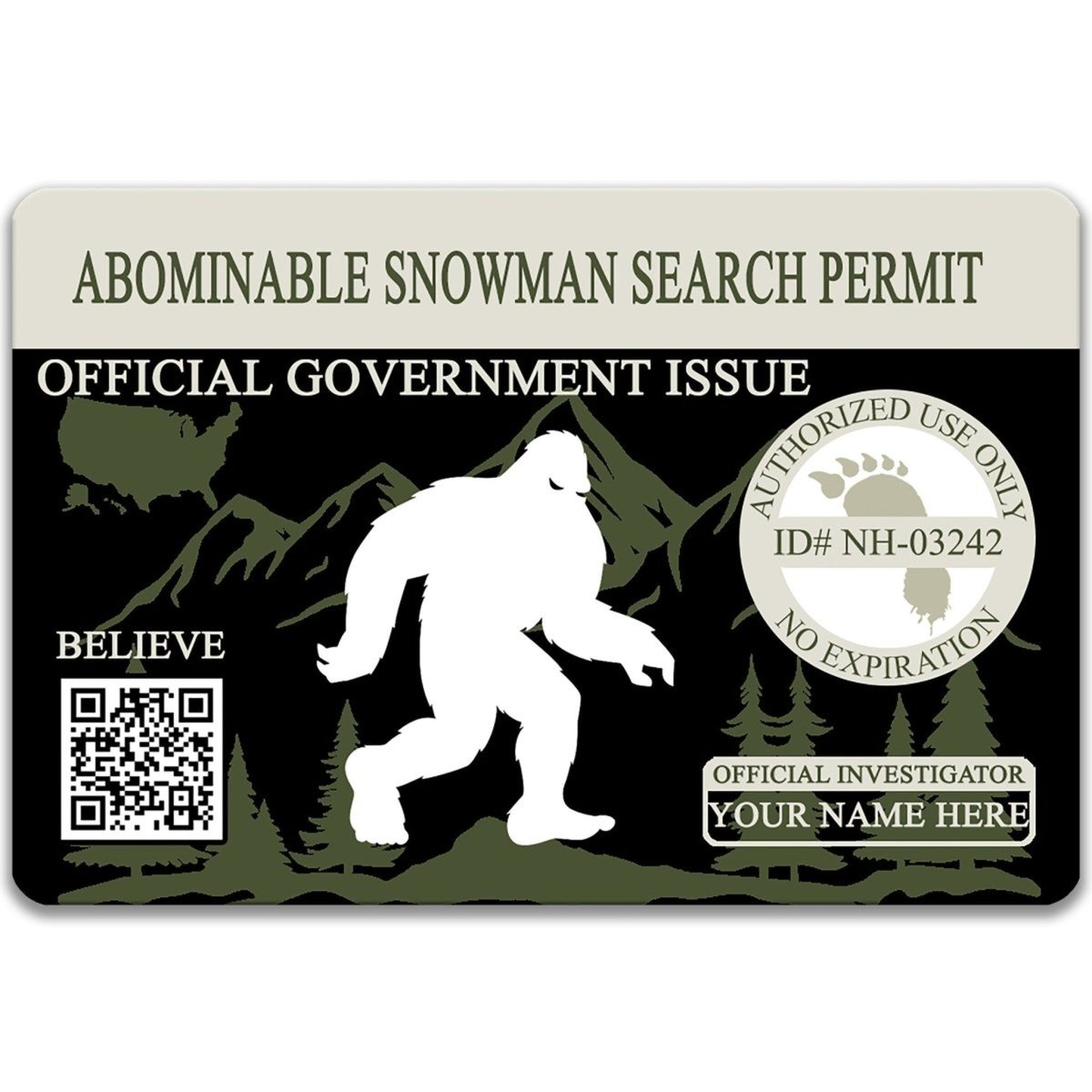 The image is a label for an official government permit, featuring a silhouette of a Sasquatch, a mythical creature from the American West, and a QR code.