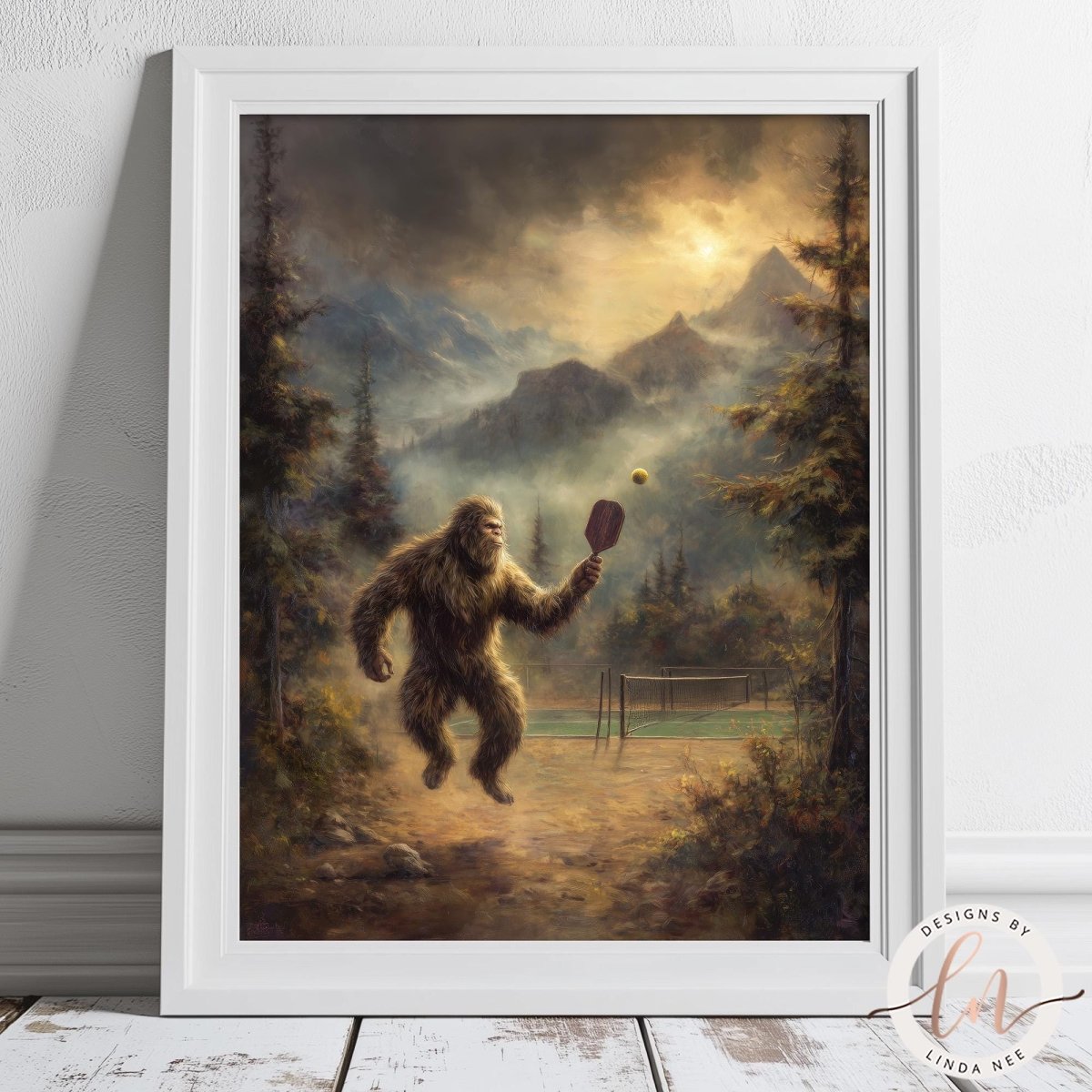 A painting of a large, furry creature resembling a Sasquatch holding a paddle, standing in a forest setting with mountains in the background.