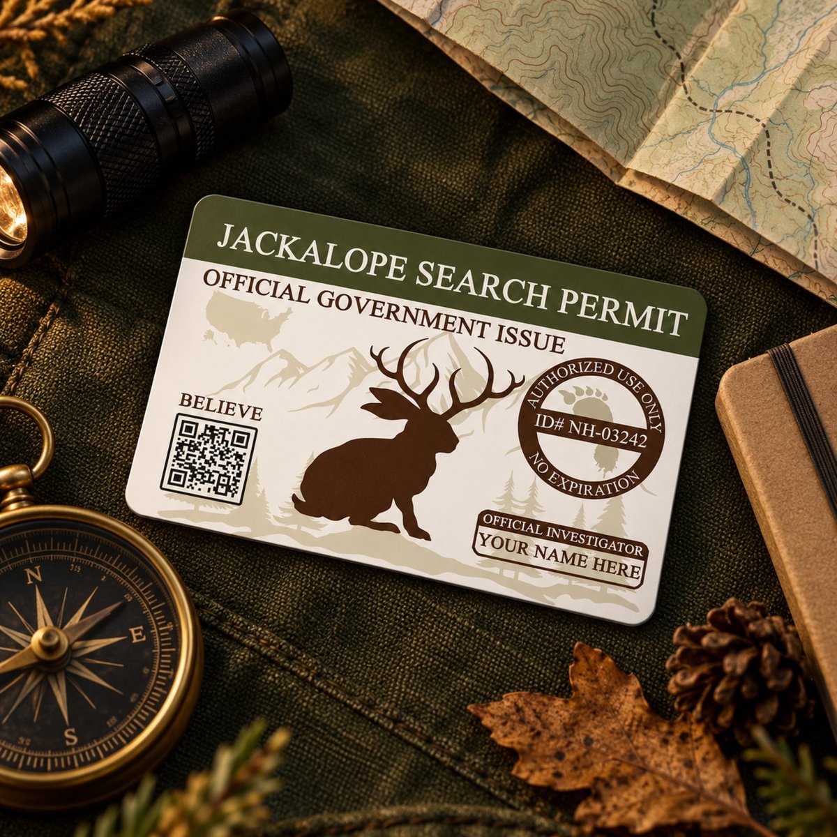 a Jackalope Search Permit card with a rabbit and deer illustration, placed on a surface with a compass, map, and pine cones.