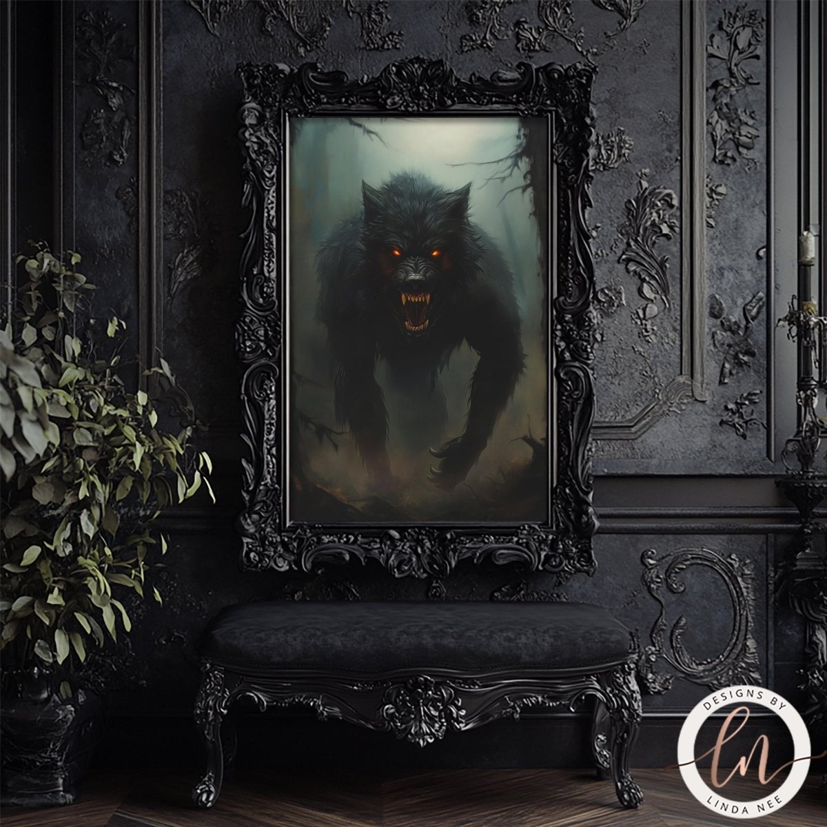 a large, ornate black frame with a painting of a fierce-looking black wolf inside it, set against a dark, gothic-style wall.