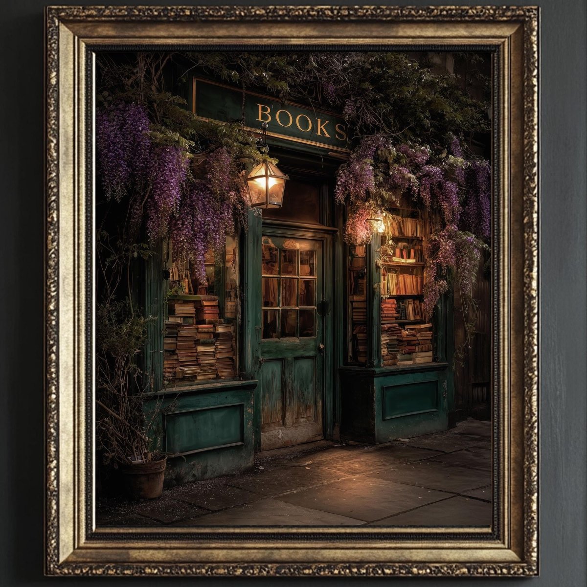 a quaint bookstore with a green facade, a sign that reads "BOOKS", and a window display filled with books. The store is surrounded by lush greenery, and the scene is illuminated by warm lighting, creating a cozy and inviting atmosphere.
