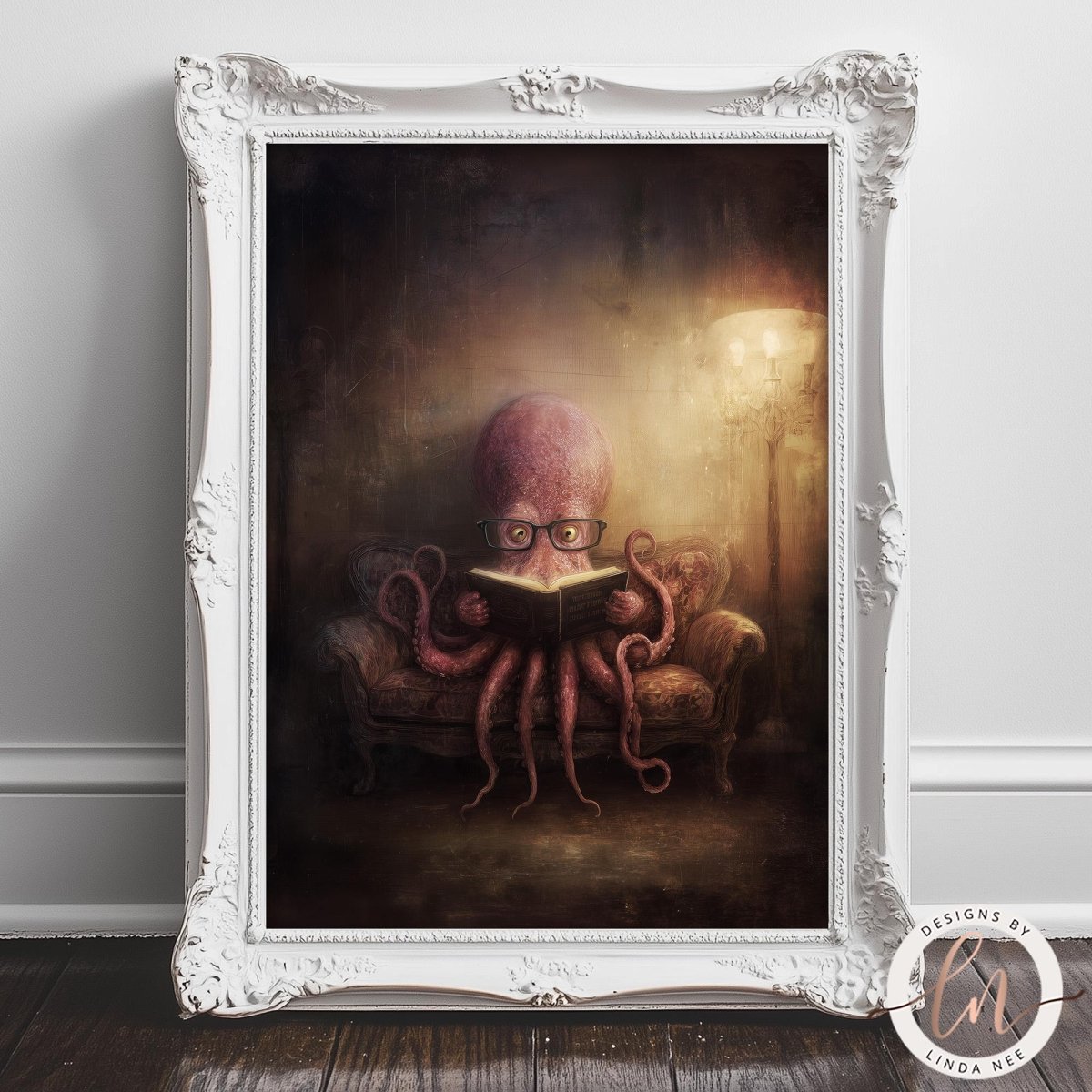 A framed painting depicting an octopus sitting on a couch and reading a book.