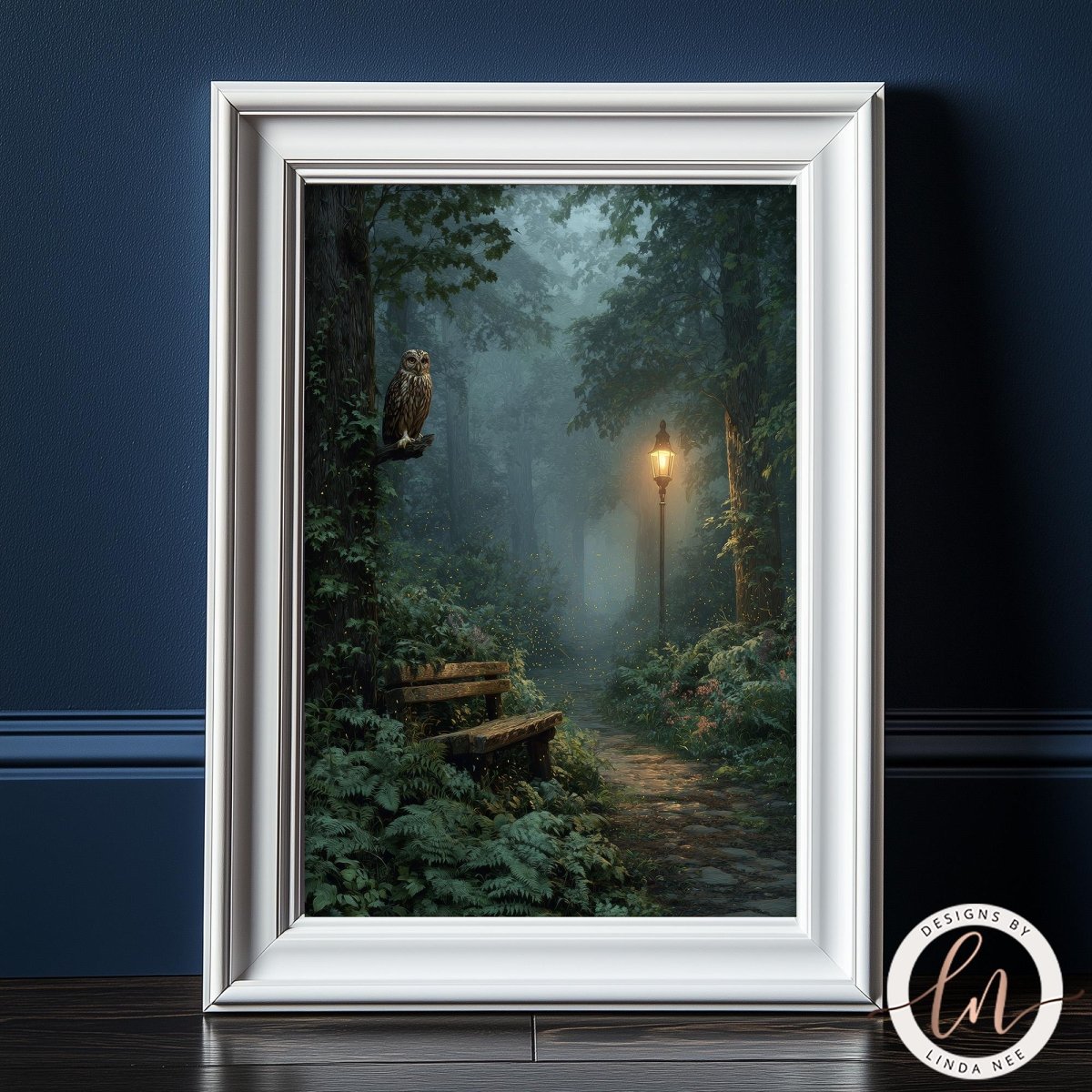 A framed painting depicting a serene forest scene with a path leading through the trees, illuminated by a lantern, and an owl perched on a branch.