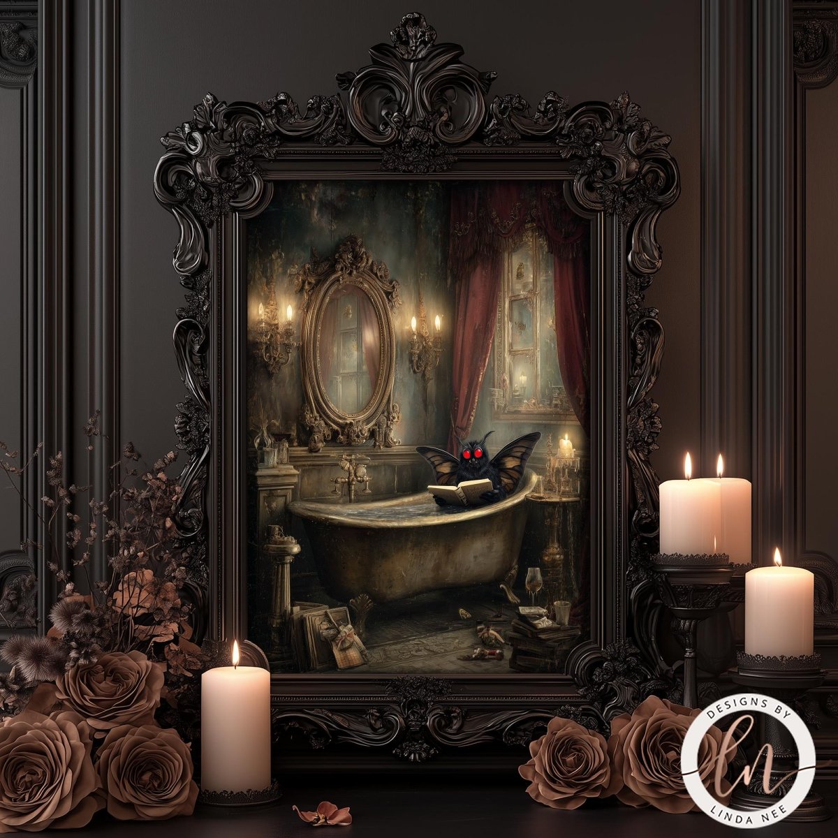 a luxurious bathroom scene with a large bathtub, ornate mirrors, and candles. The room is decorated with roses and other floral arrangements, creating a romantic and elegant atmosphere.