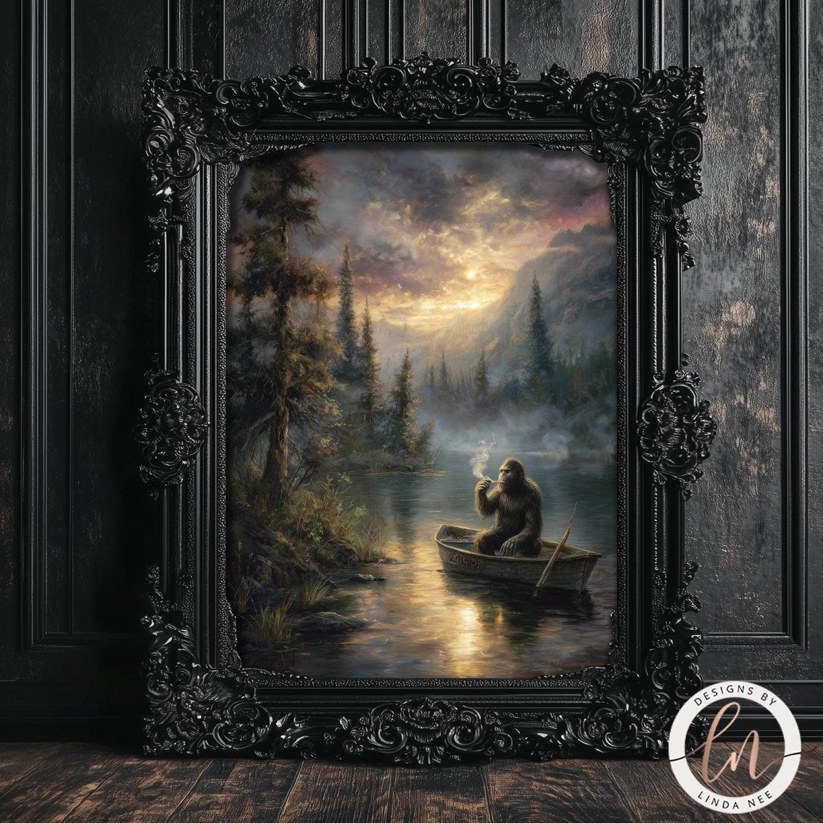 A painting of a Bigfoot sitting in a boat on a river, surrounded by a forest landscape with a sunset sky in the background.