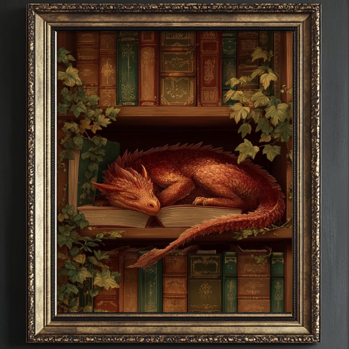 A framed painting depicting a large, red dragon resting on a bookshelf filled with books.