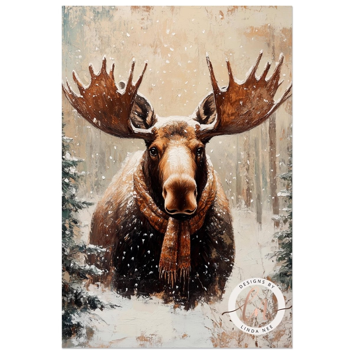 A moose with large antlers standing in a snowy forest, surrounded by snowflakes falling.