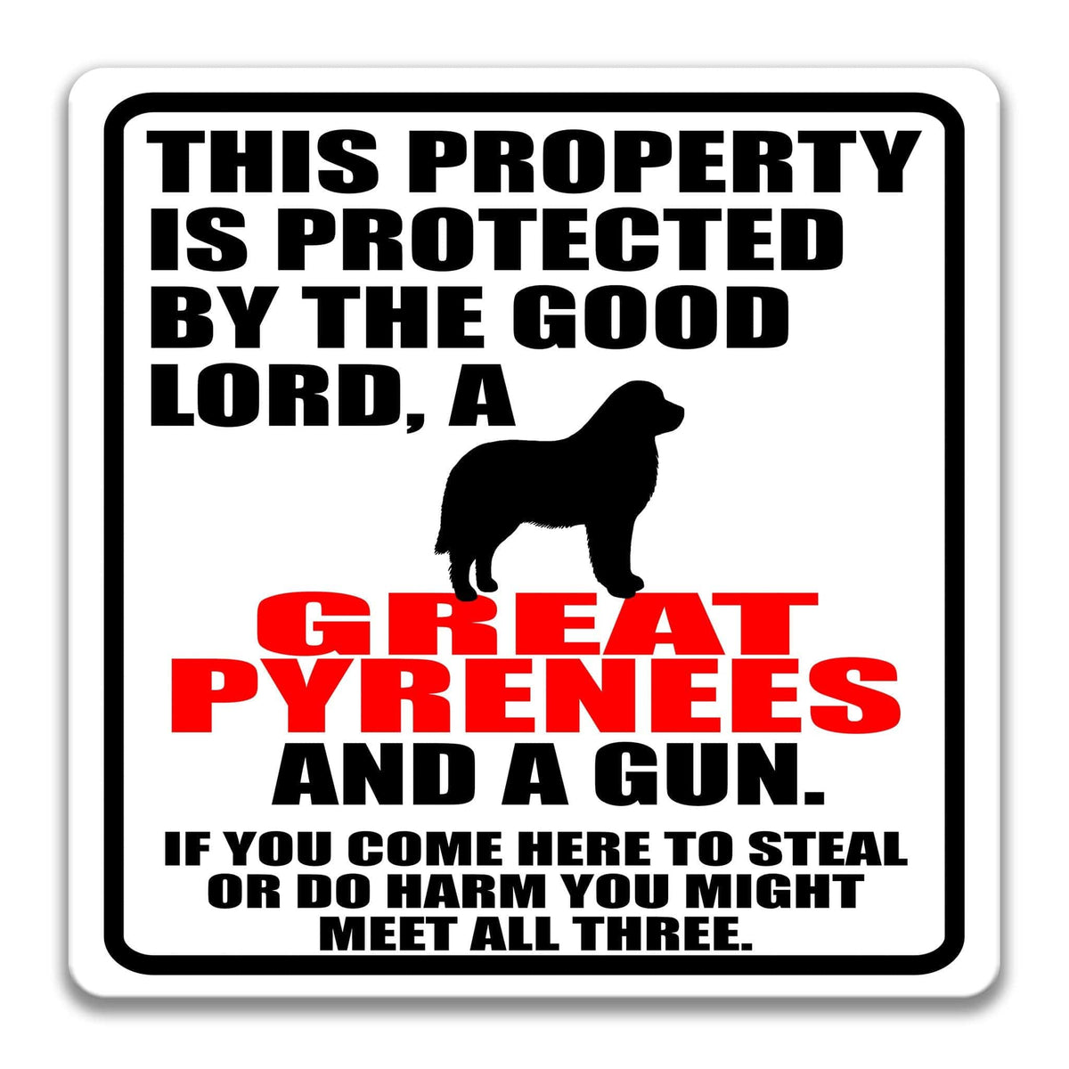 a sign with a black silhouette of a dog and text in red and black colors.