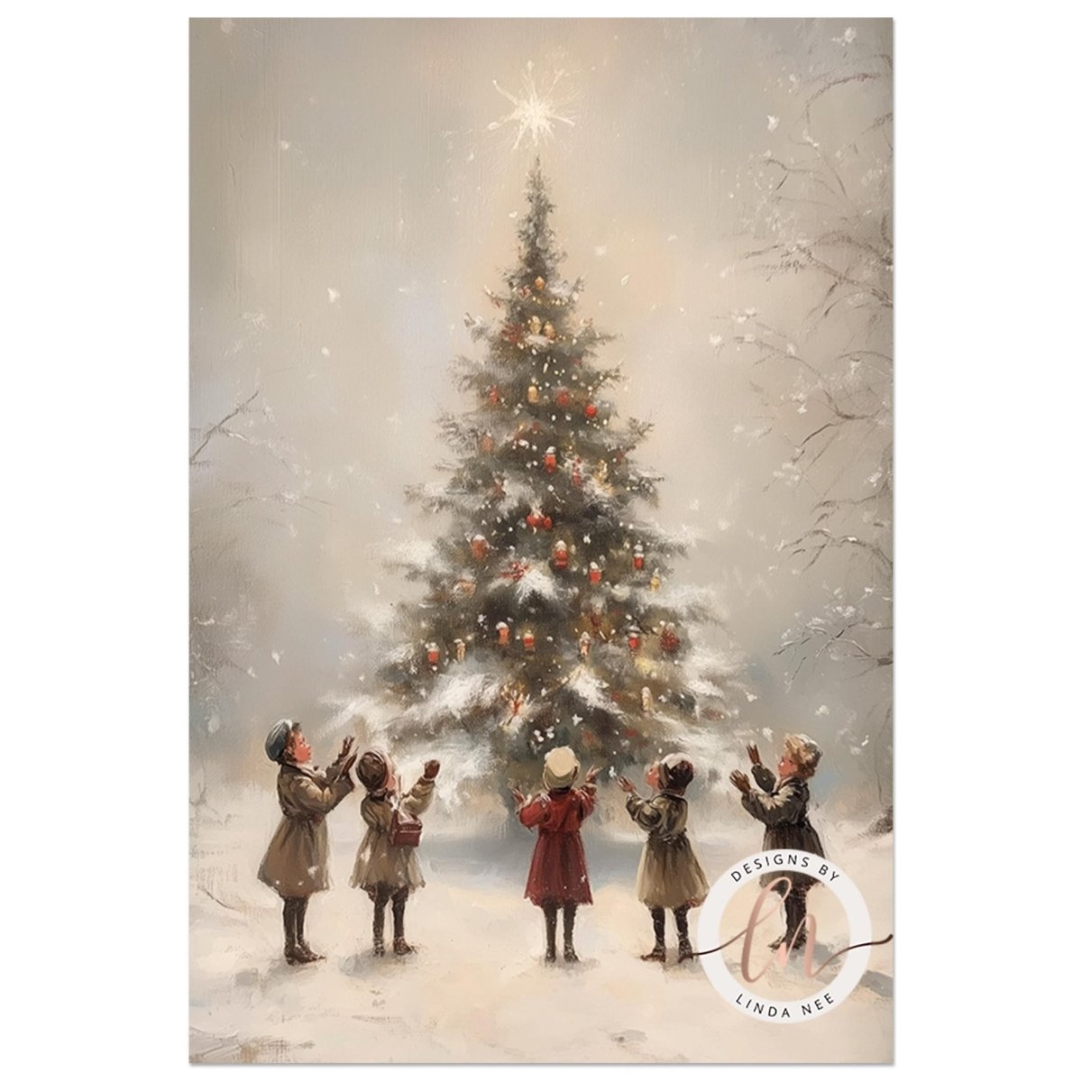 Group of children standing beneath a bright star above a Christmas tree