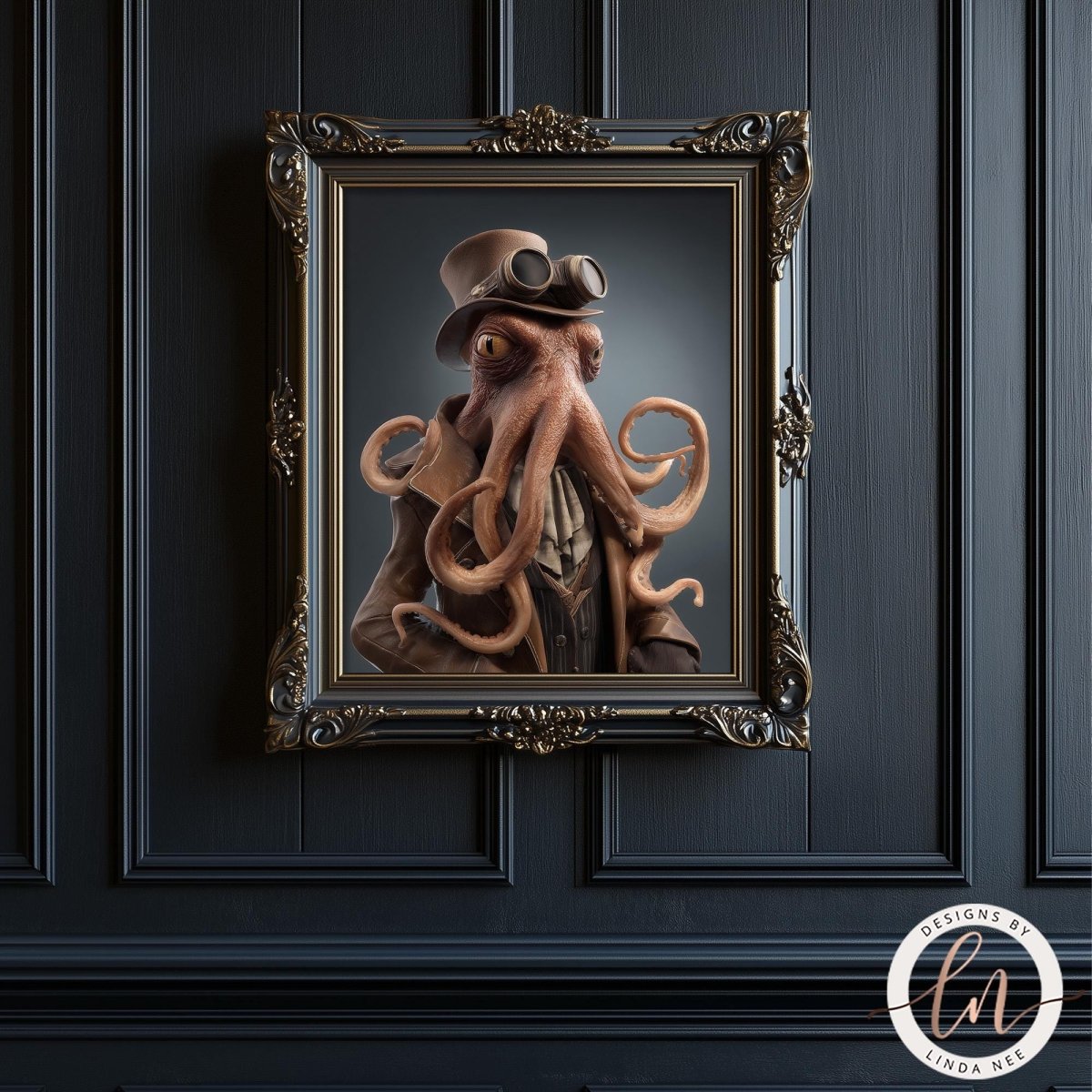 A framed image of an octopus wearing a top hat and goggles, with a dark background.