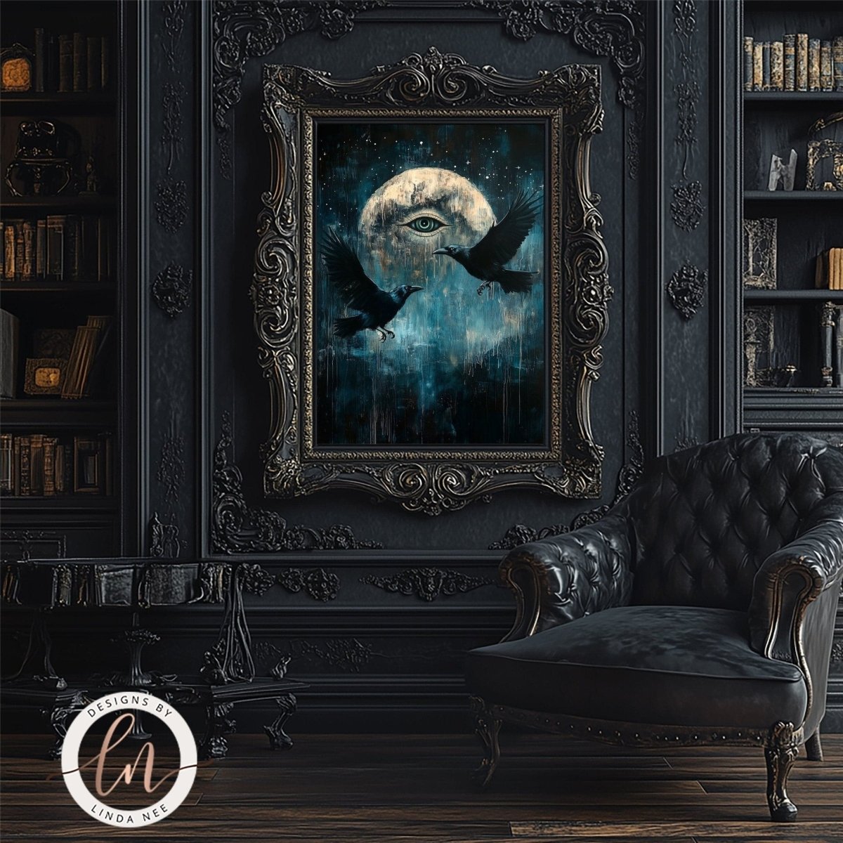 All seeing eye artwork reflected in an ornate mirror in a gothic room