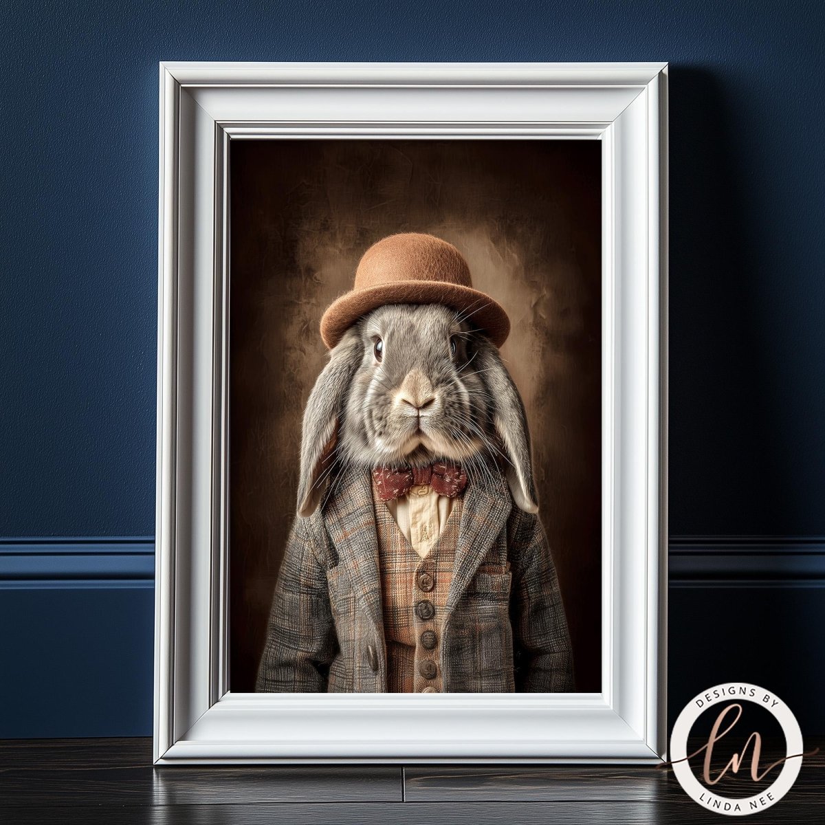 A framed image of a rabbit wearing a hat and a suit, with a brown hat and a brown jacket, against a dark background.