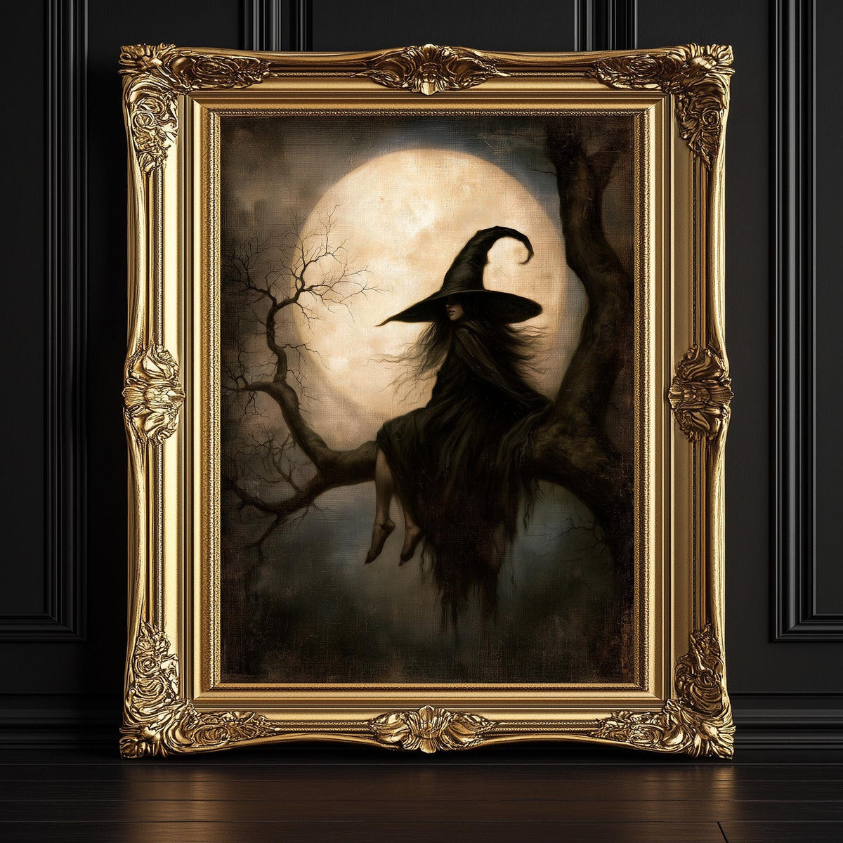 Solitary witch silhouetted in twisted branches with the moon filling the sky