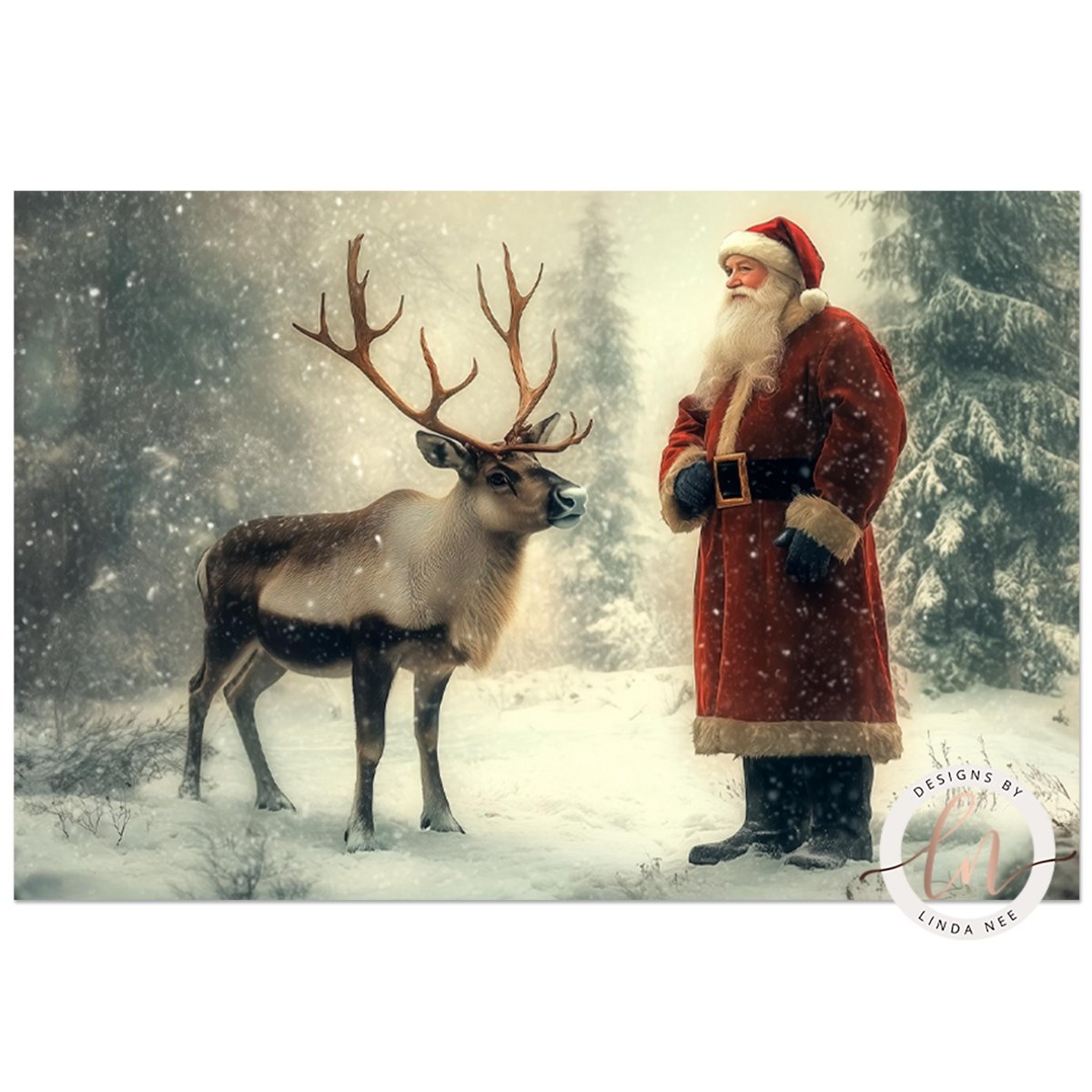 Reindeer standing beside Santa Claus in a snowy forest with snow falling