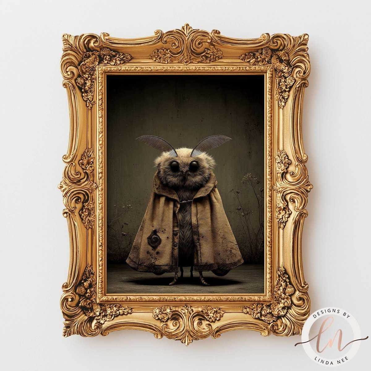 a framed artwork depicting a moth with a cape-like garment, standing against a dark background.