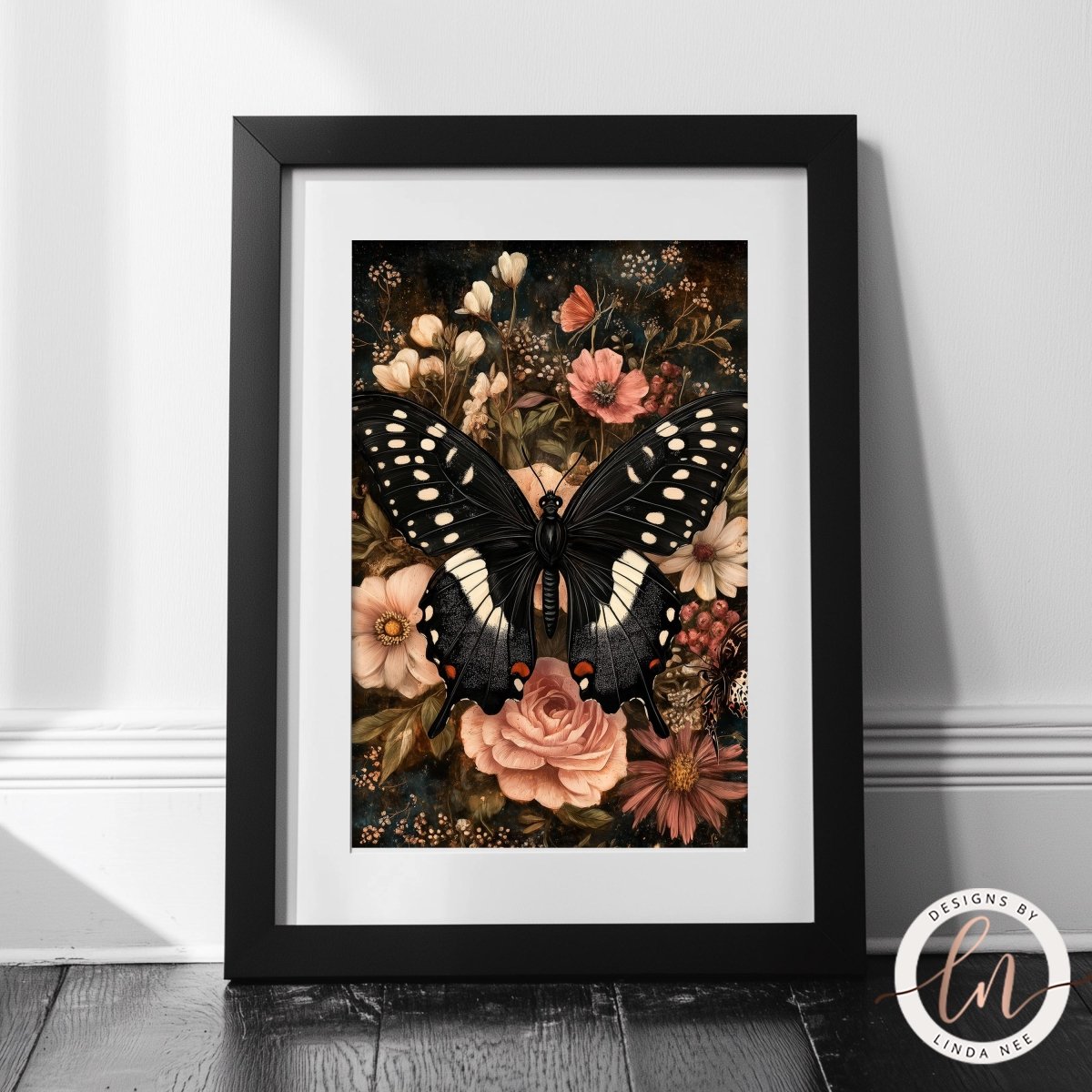 Black butterfly print with pink and white floral arrangement