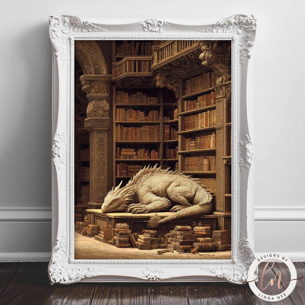 A large, ornate bookshelf filled with books, with a sleeping dragon resting on a table in front of it.