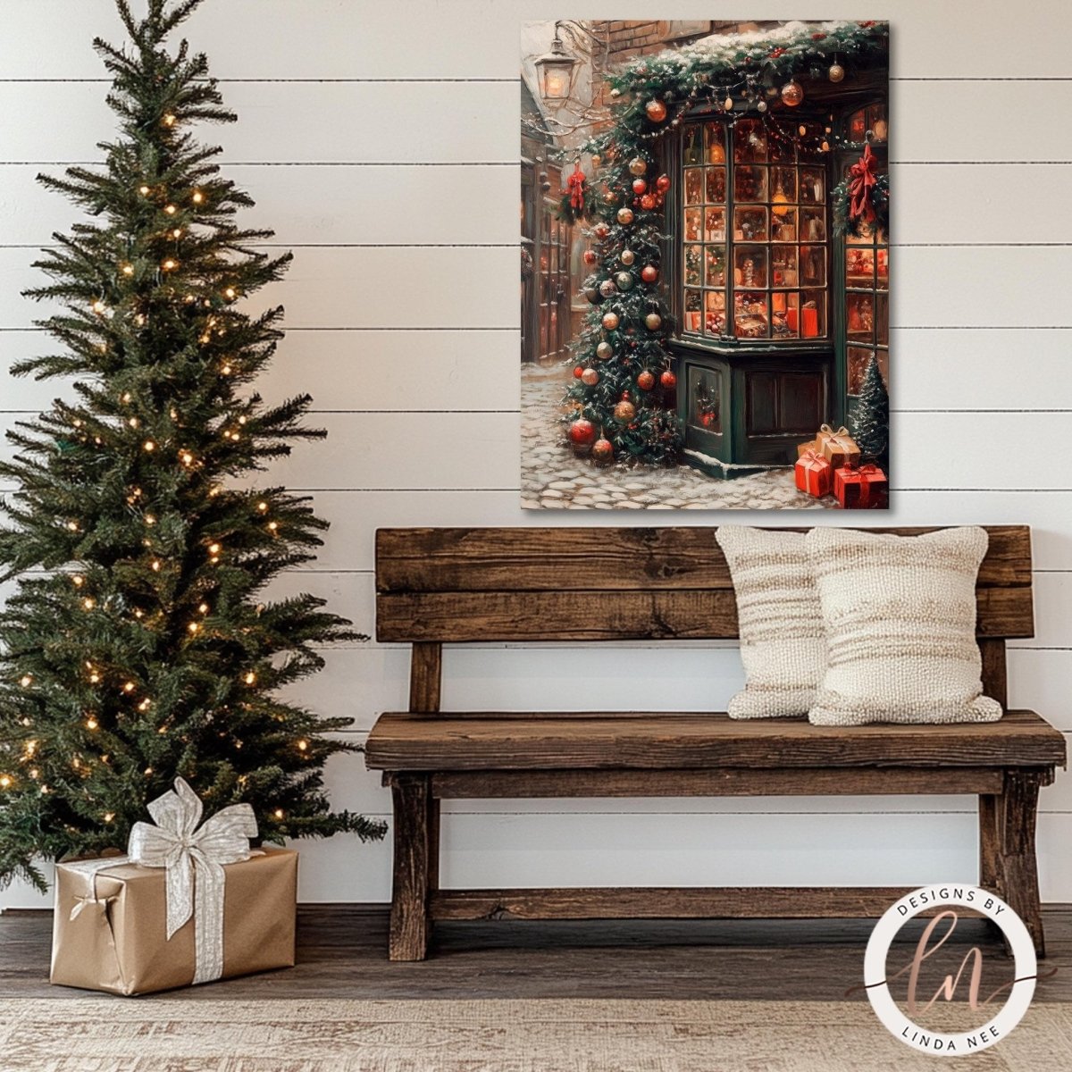 Christmas shop window print above a wooden bench beside a lit tree